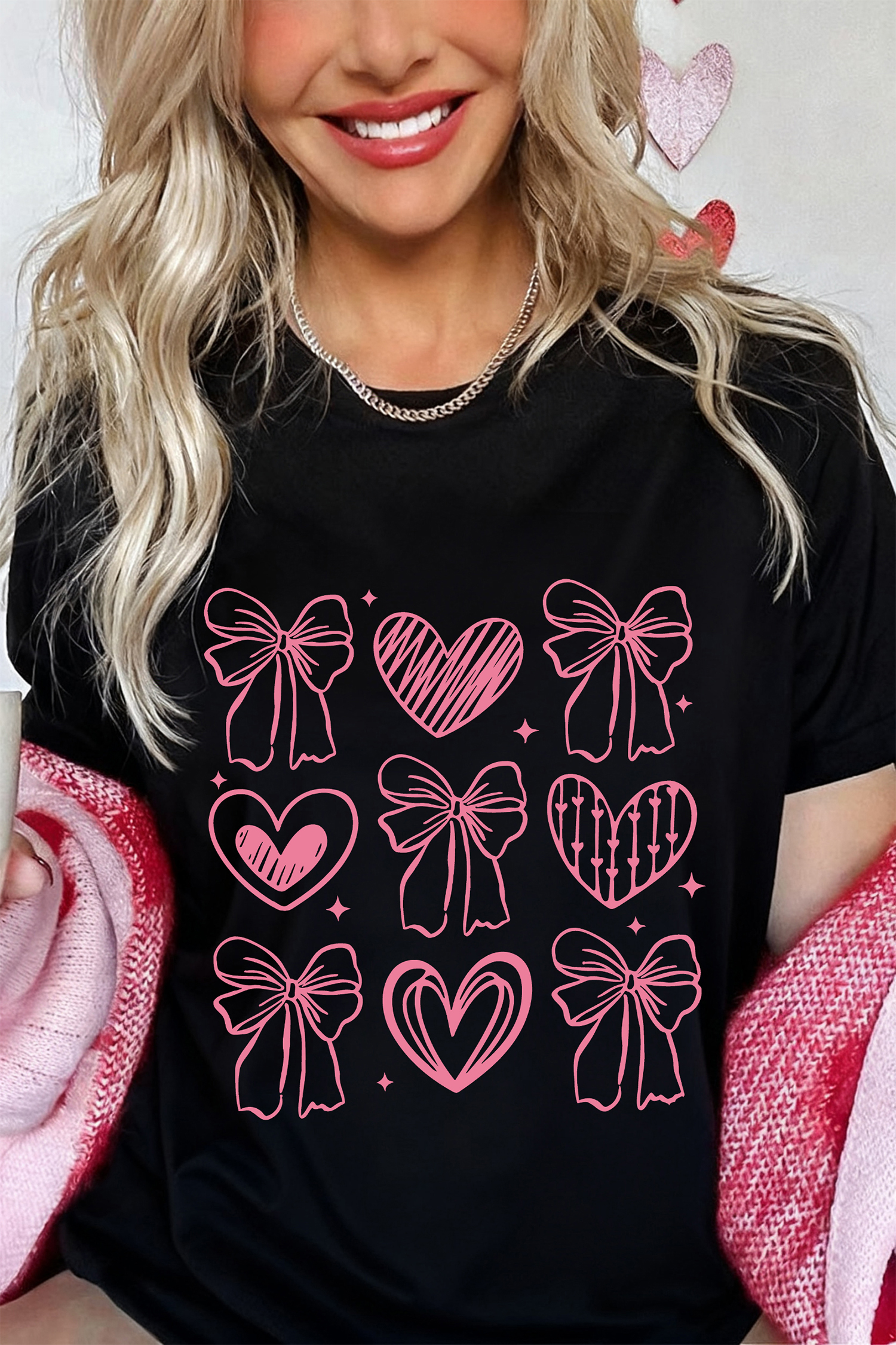 Black Cute Bow Heart Printed Valentines Day T Shirt - loveforevers