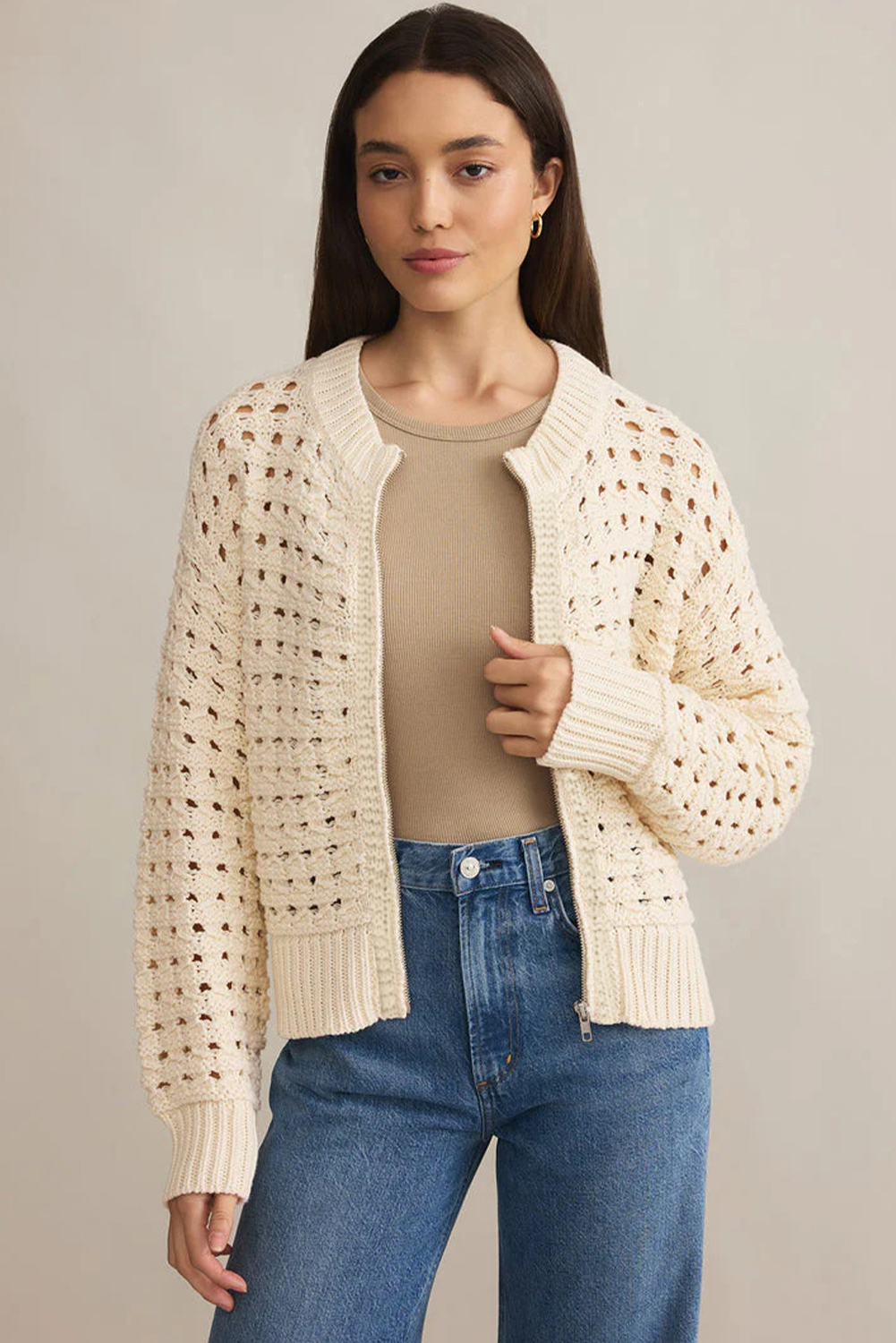 Beige Hollowed Pattern Knit Zip Up Drop Shoulder Sweater Cardigan - loveforevers