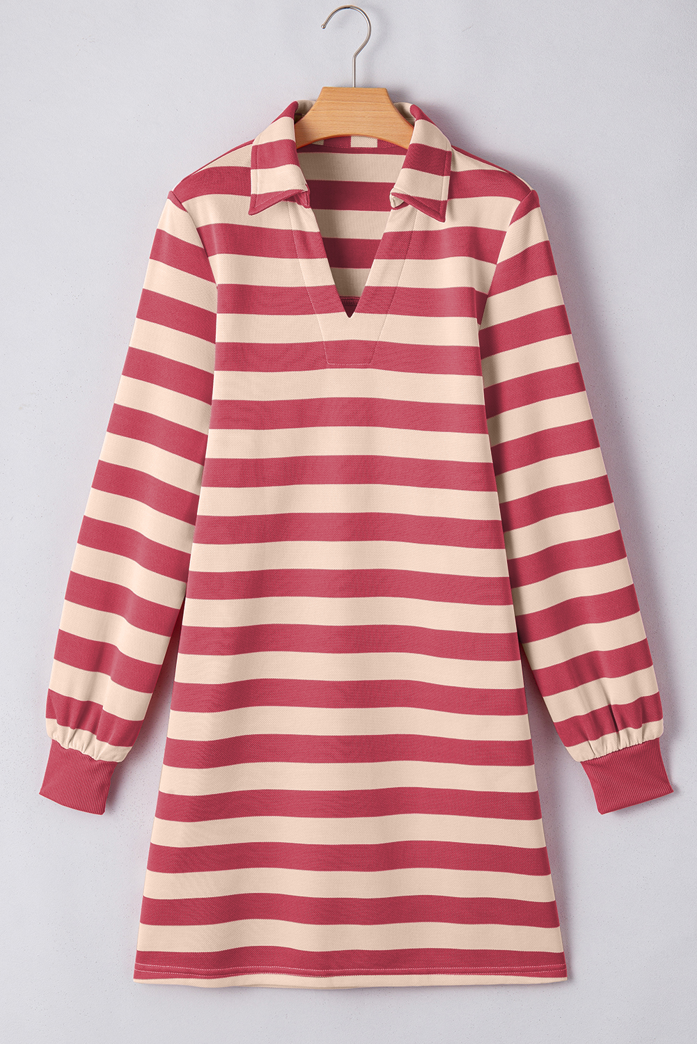 Khaki Stripe Collared V Neck Long Sleeve Loose Casual Dress - loveforevers