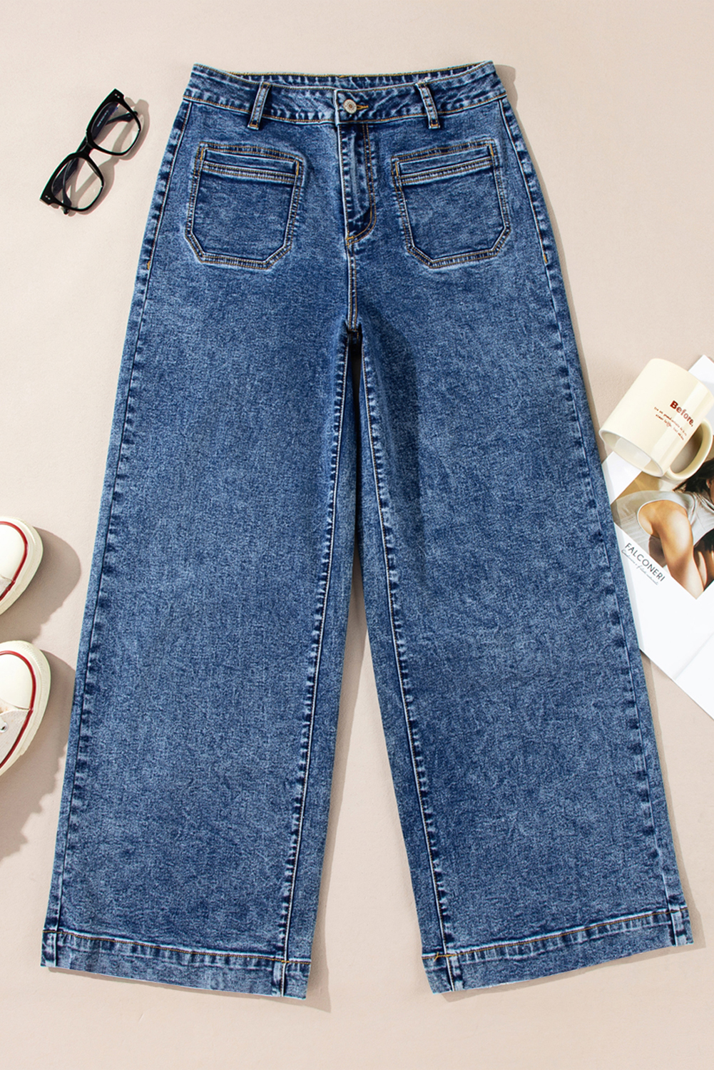 Light Blue Chic Patch Pocket Straight Leg Loose Jeans - loveforevers