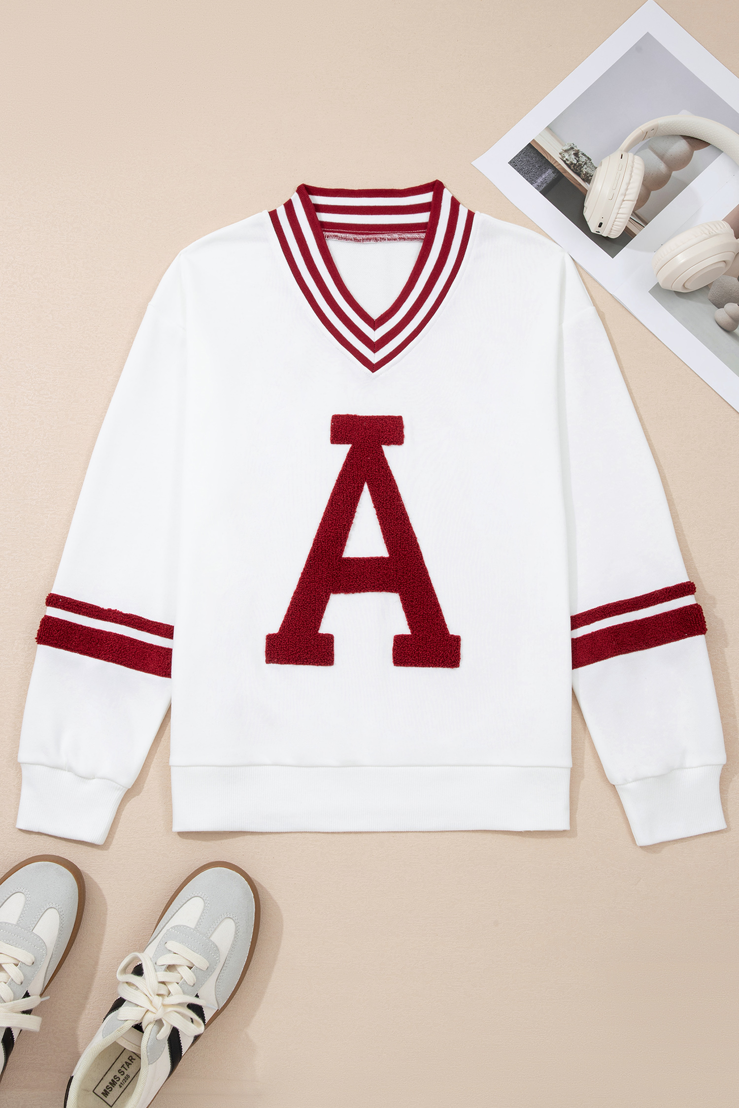 Red Dahlia Chenille Letter A Graphic Varsity Striped V Neck Puff Sleeve Sweatshirt - loveforevers