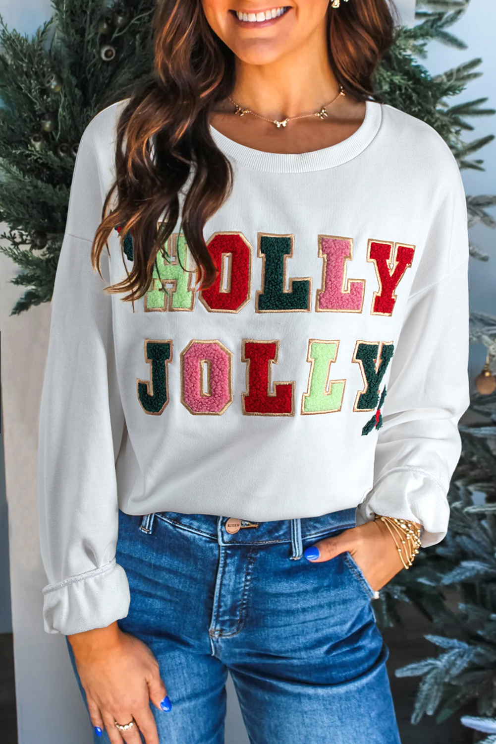 White HOLLY JOLLY Embroidered Graphic Pullover Sweatshirt - loveforevers