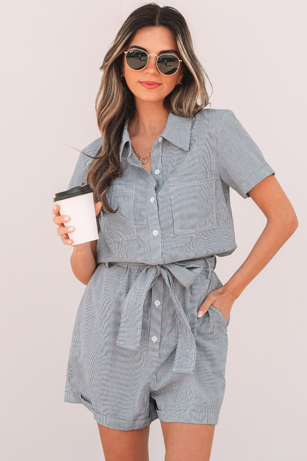 Blue Stripe Chest Pockets Buttoned Belted High Waist Romper - loveforevers