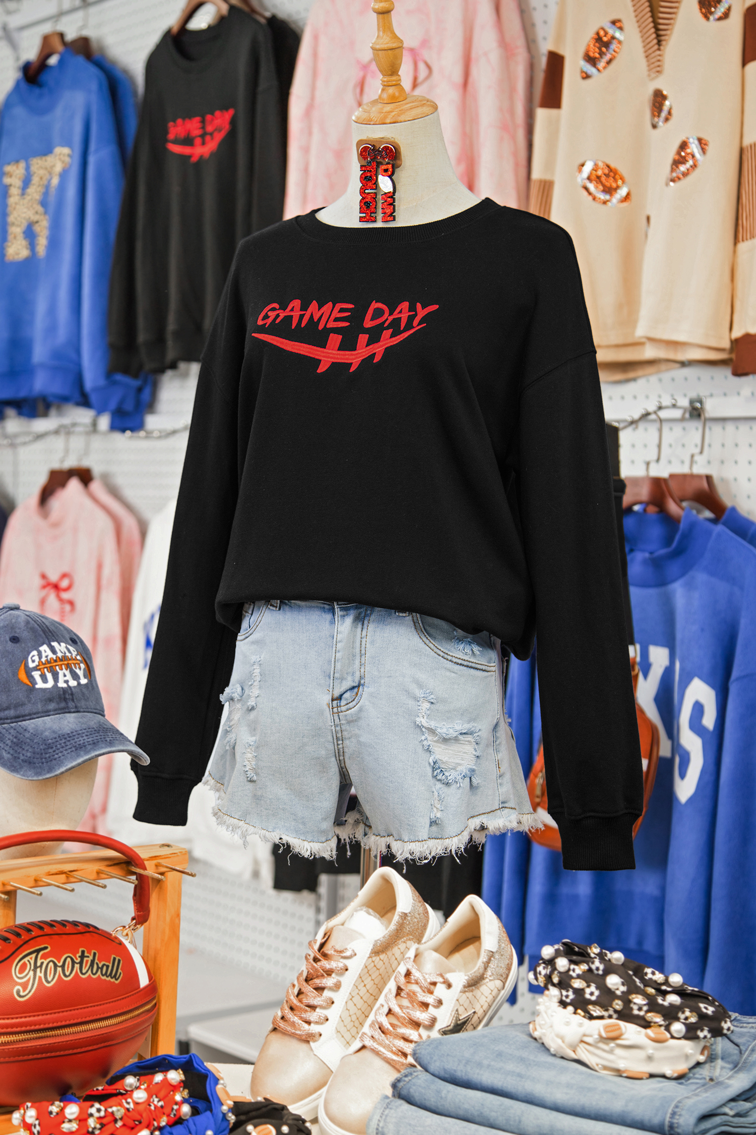 Black GAME DAY Embroidered Graphic Casual Pullover Sweatshirt - loveforevers