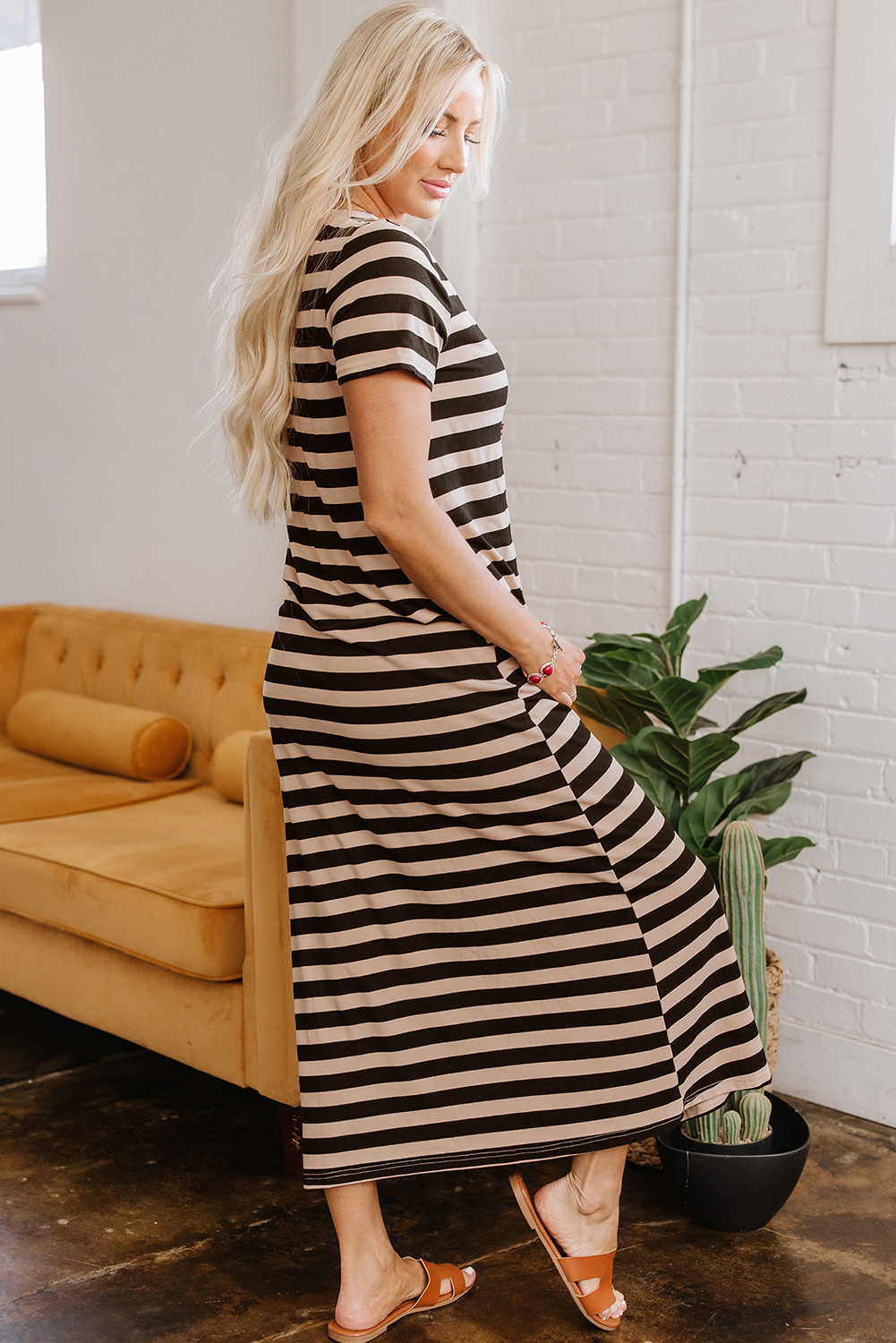 Black Stripe Casual Round Neck T-shirt Maxi Dress with Pockets - loveforevers