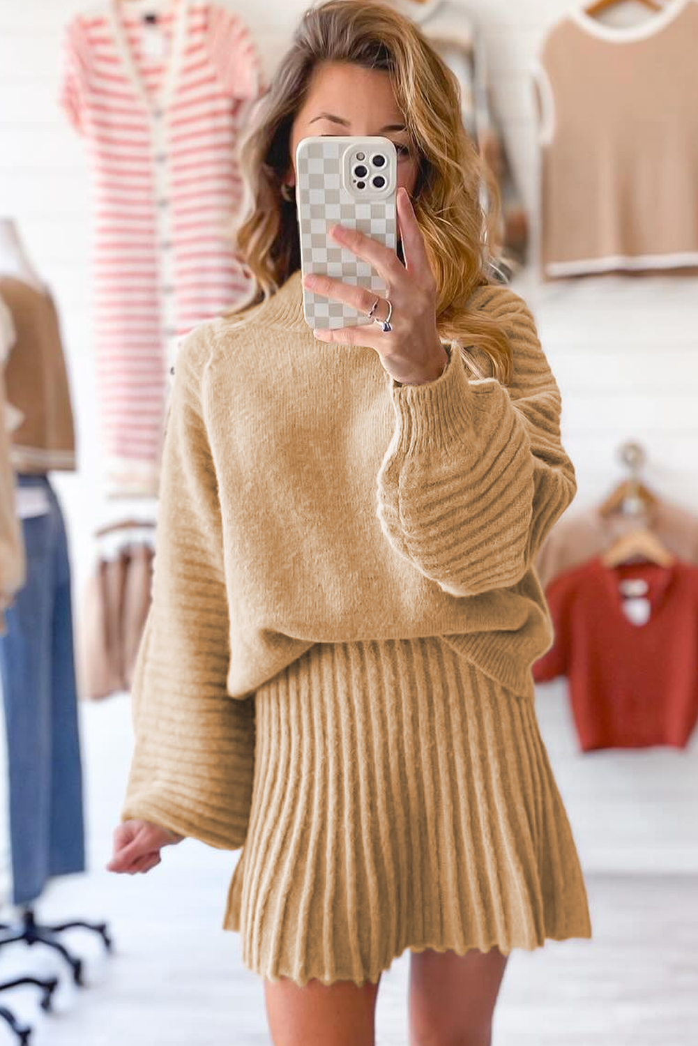 Smoke Gray High Neck Puff Sleeve Sweater Pleated Mini Skirt 2pcs Knitted Outfit - loveforevers