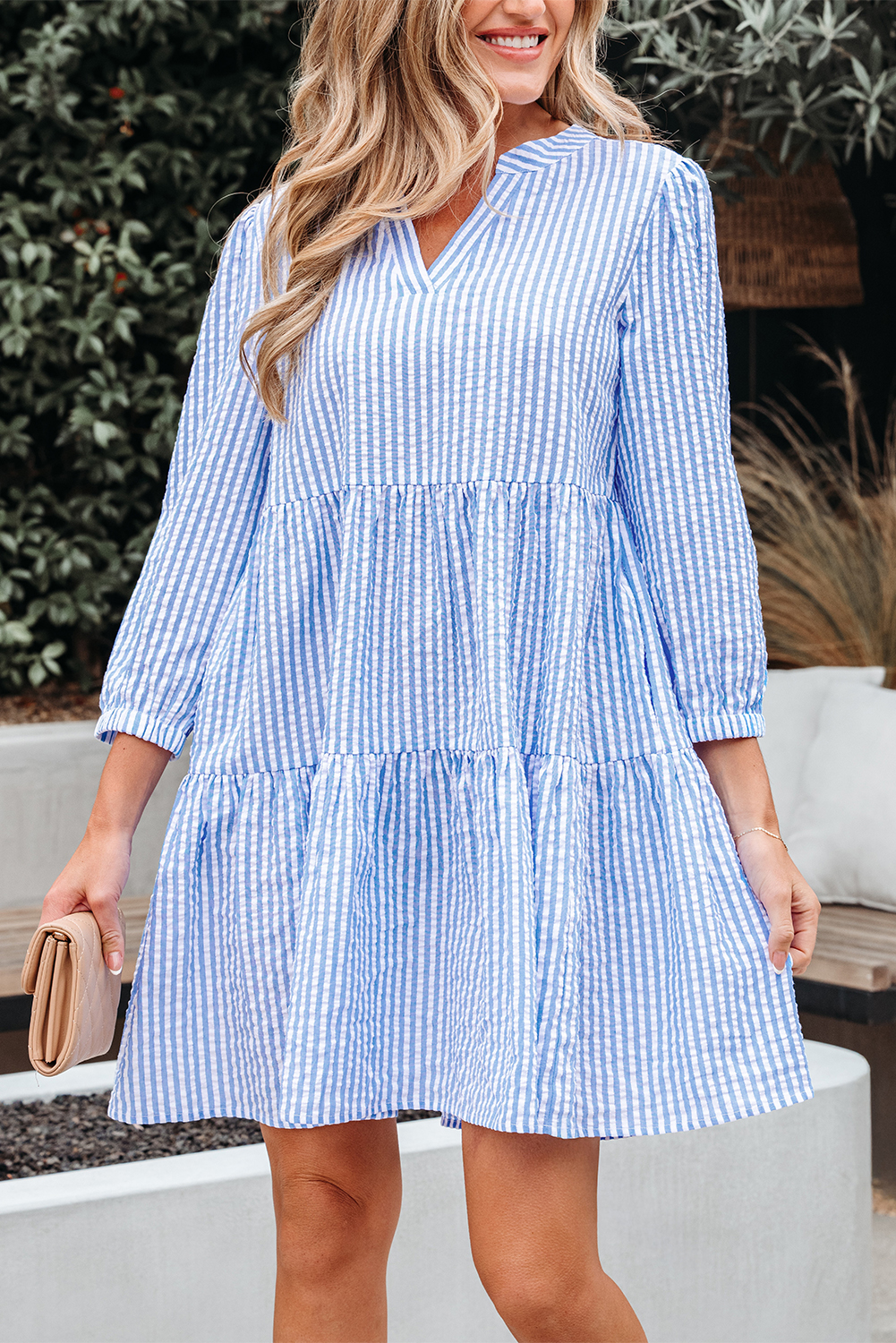 Sky Blue Stripe Bracelet Sleeve Tiered Shift Dress with Pockets - loveforevers