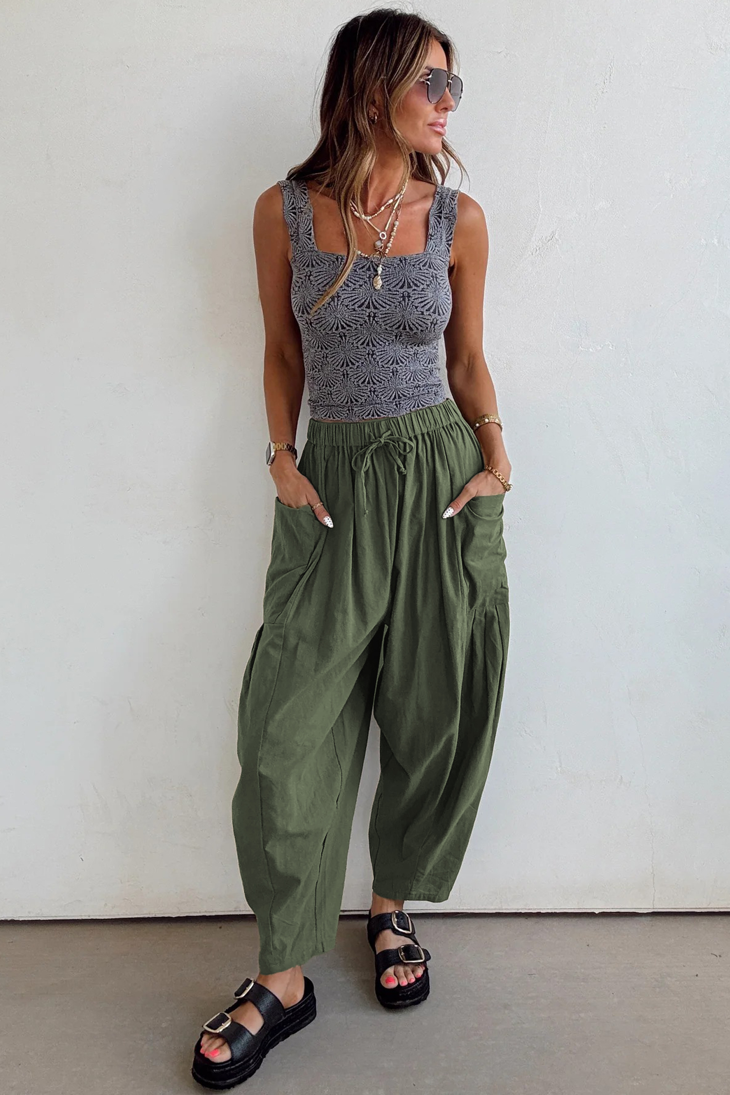 Black Drawstring Elastic Waist Patch Pocket Barrel Leg Casual Pants - loveforevers