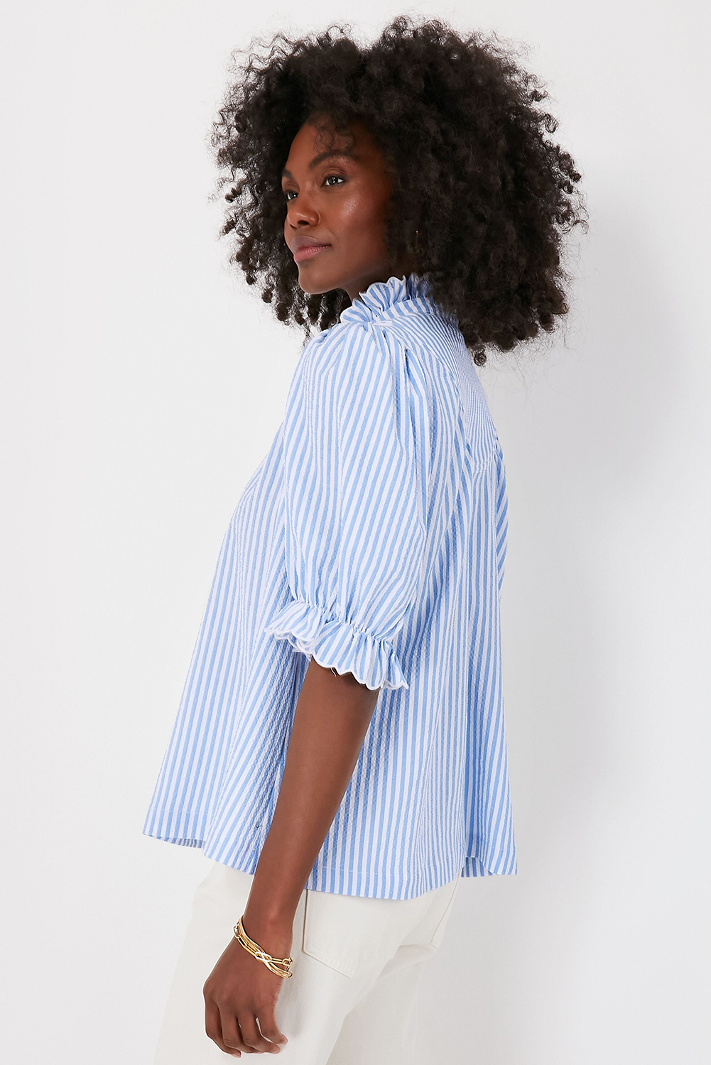 Sky Blue Stripe Ruffled Collar Puff Sleeve Half Buttons Blouse - loveforevers