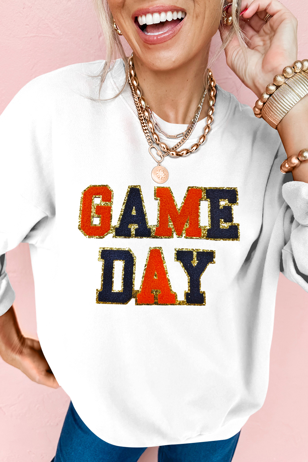 White GAME DAY Chenille Letter Graphic Sweatshirt - loveforevers