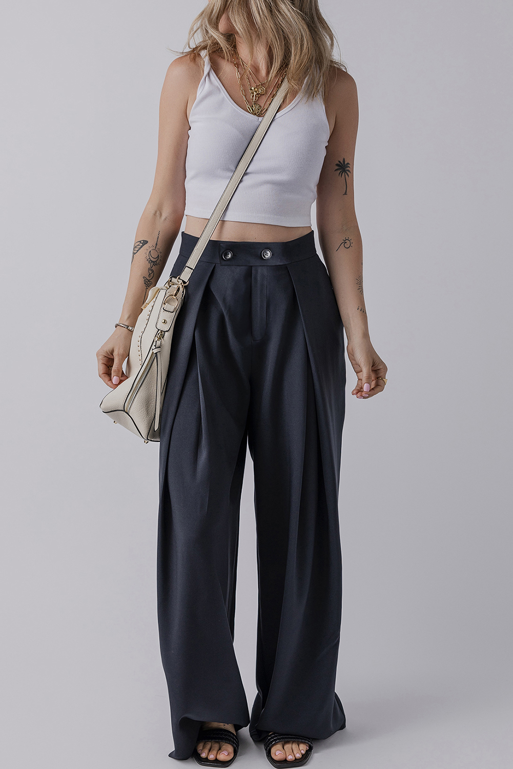 Dirty blue Dual Buttoned High Waist Pleated Wide Leg Pants - loveforevers