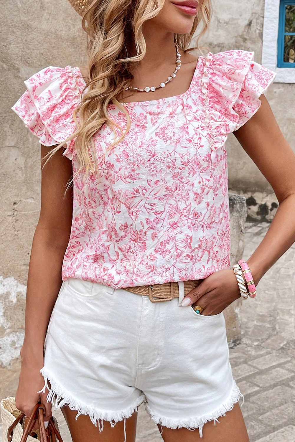 Beau Blue Textured Bow Knot Frilled Butterfly Sleeve Blouse - loveforevers