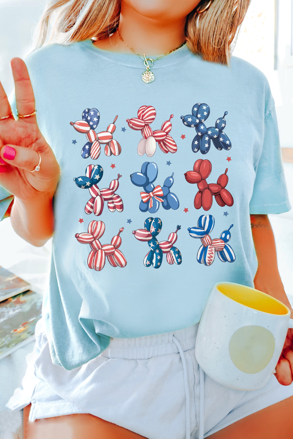 Light Blue American Flag Balloon Dogs Print Crew Neck T Shirt - loveforevers