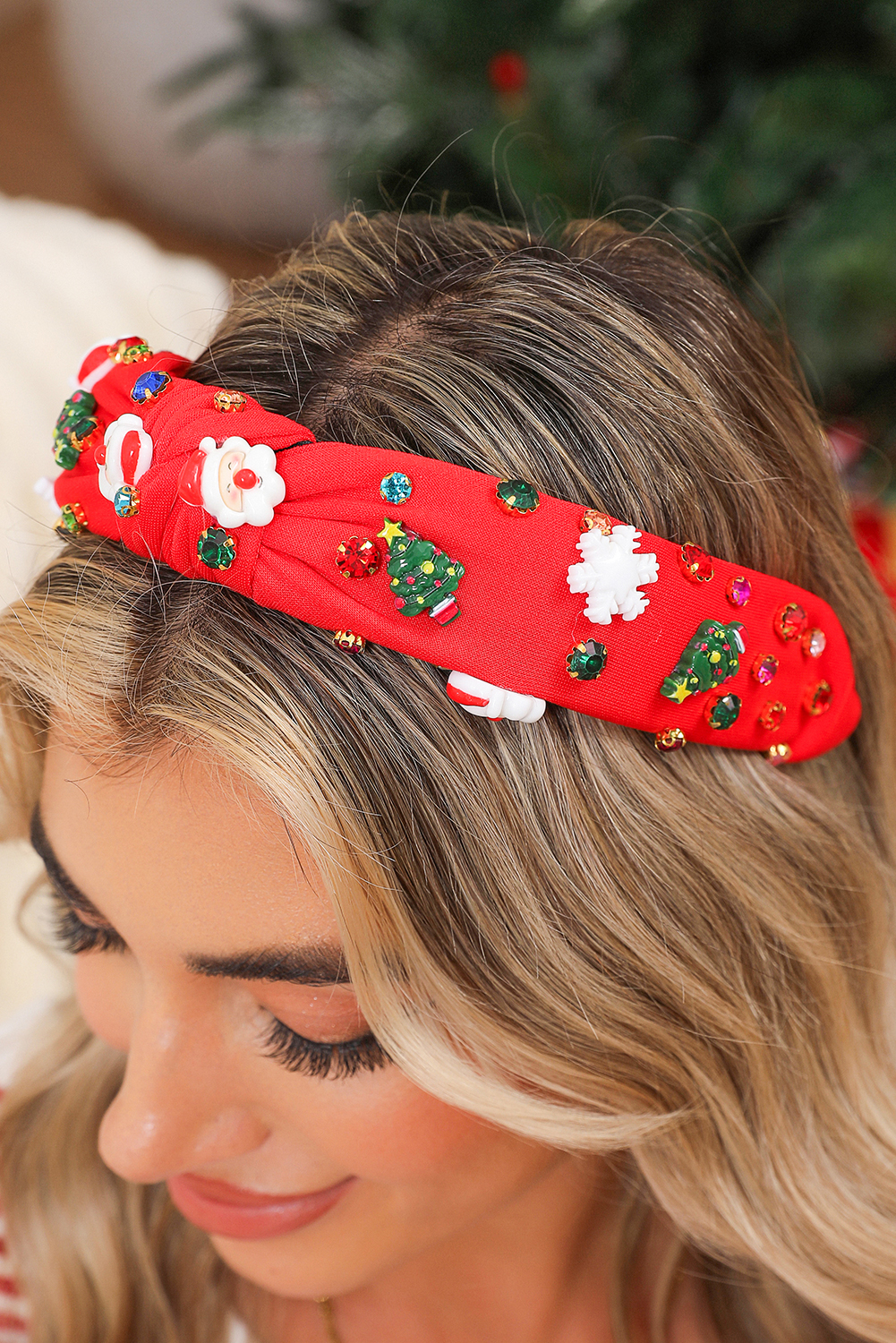 Fiery Red Cartoon Christmas Pattern Rhinestone Knotted Headband - loveforevers