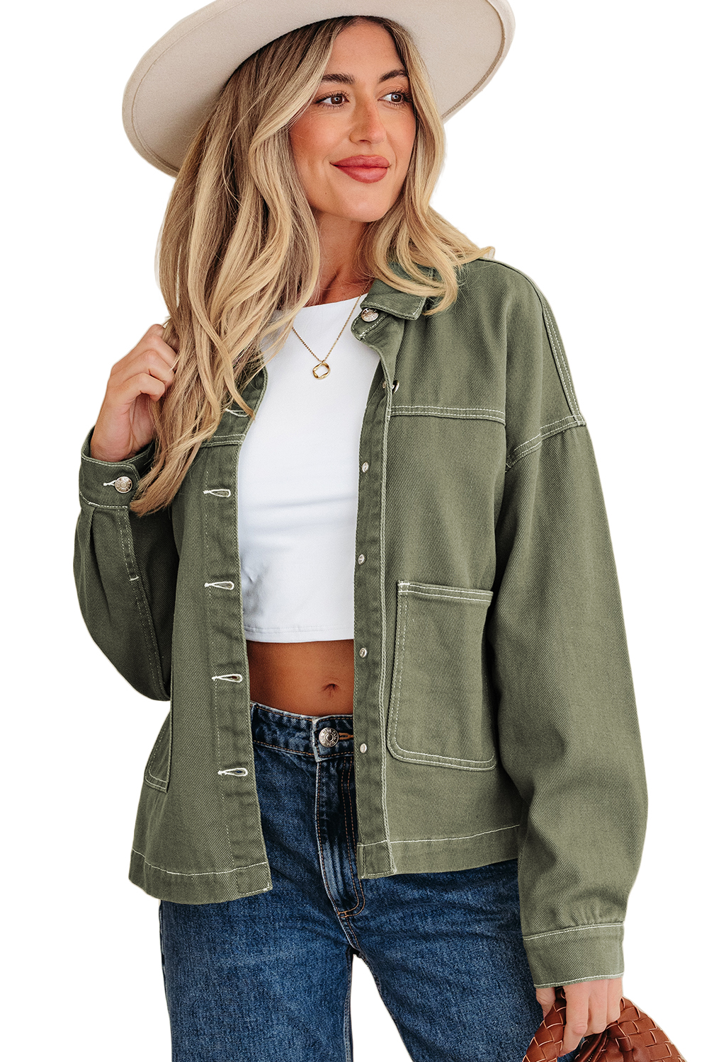 Smoke Green Patched Pocket Collared Button Front Boyfriend Denim Jacket - loveforevers