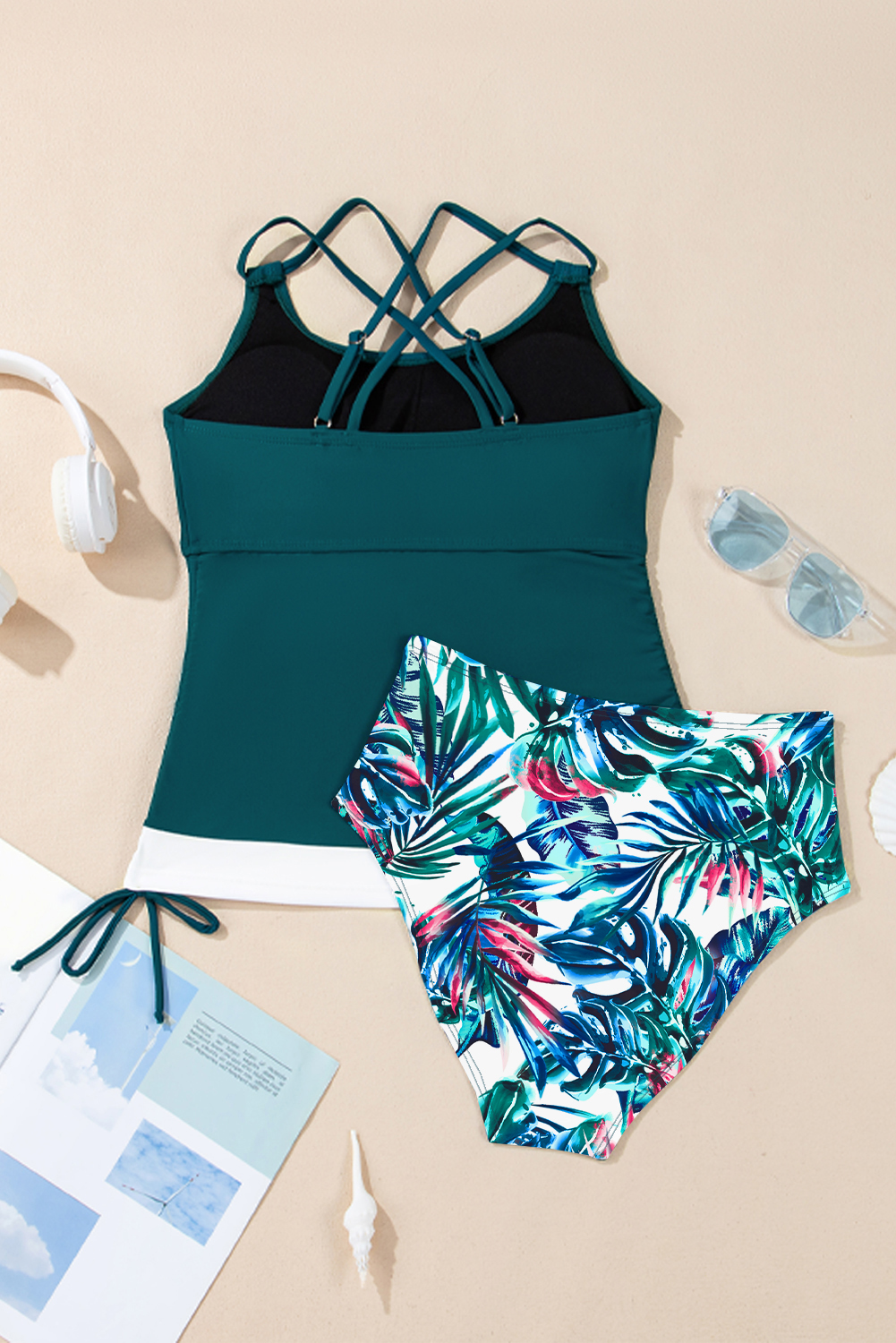 Sea Green Drawstring Tummy Control Mix-and-match 2pcs Tankini Swimsuit - loveforevers