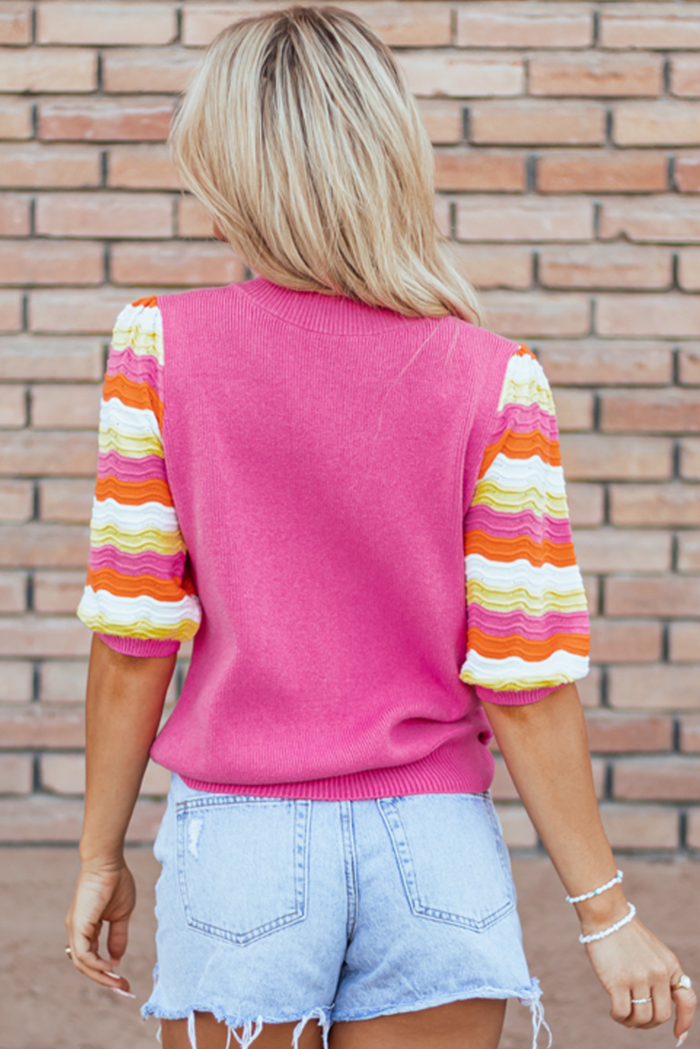 Pink Ribbed Knit Contrast Sleeve Sweater Top - loveforevers