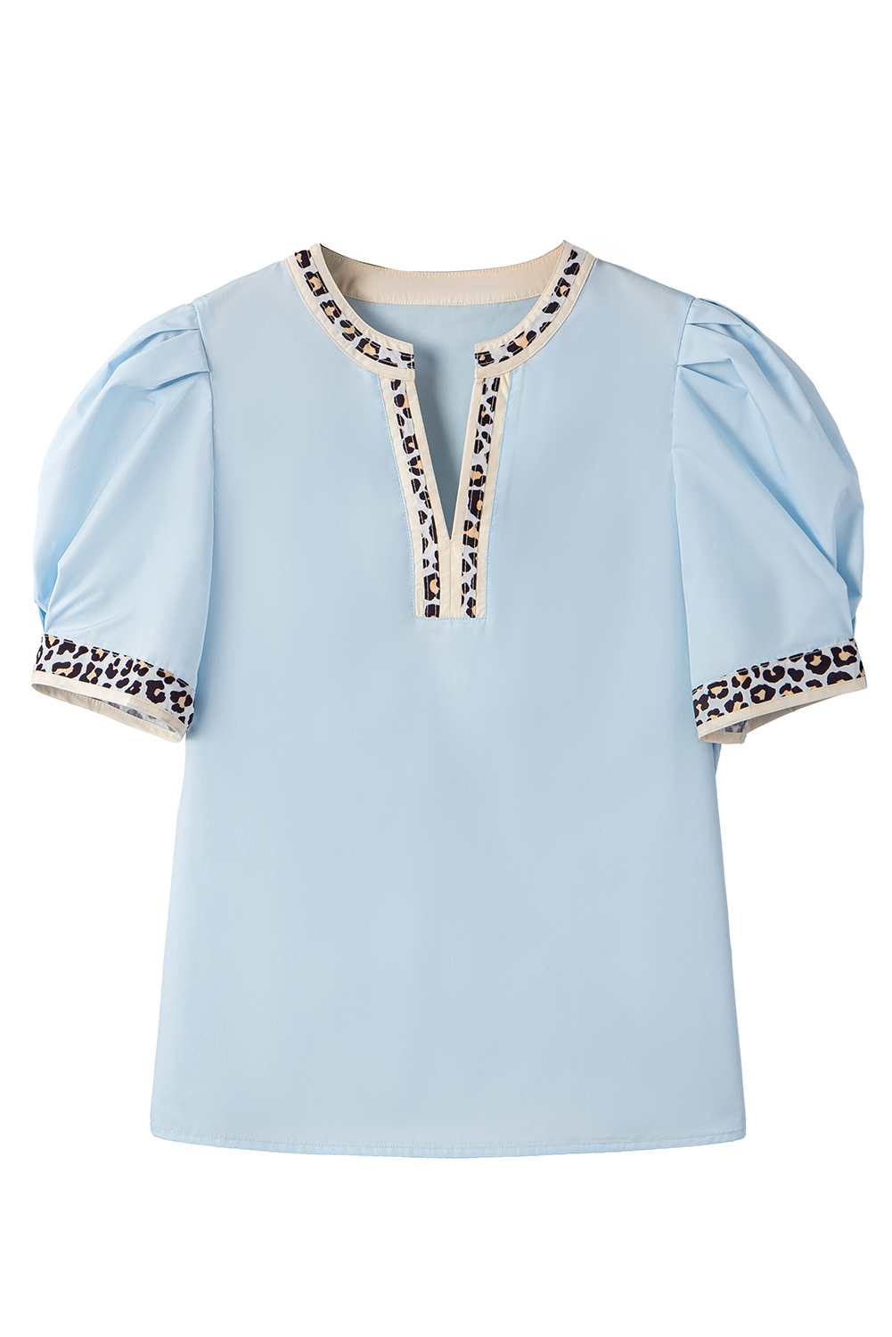 Buckskin Contrast Leopard Trim Split Neck Puff Sleeve Blouse - loveforevers