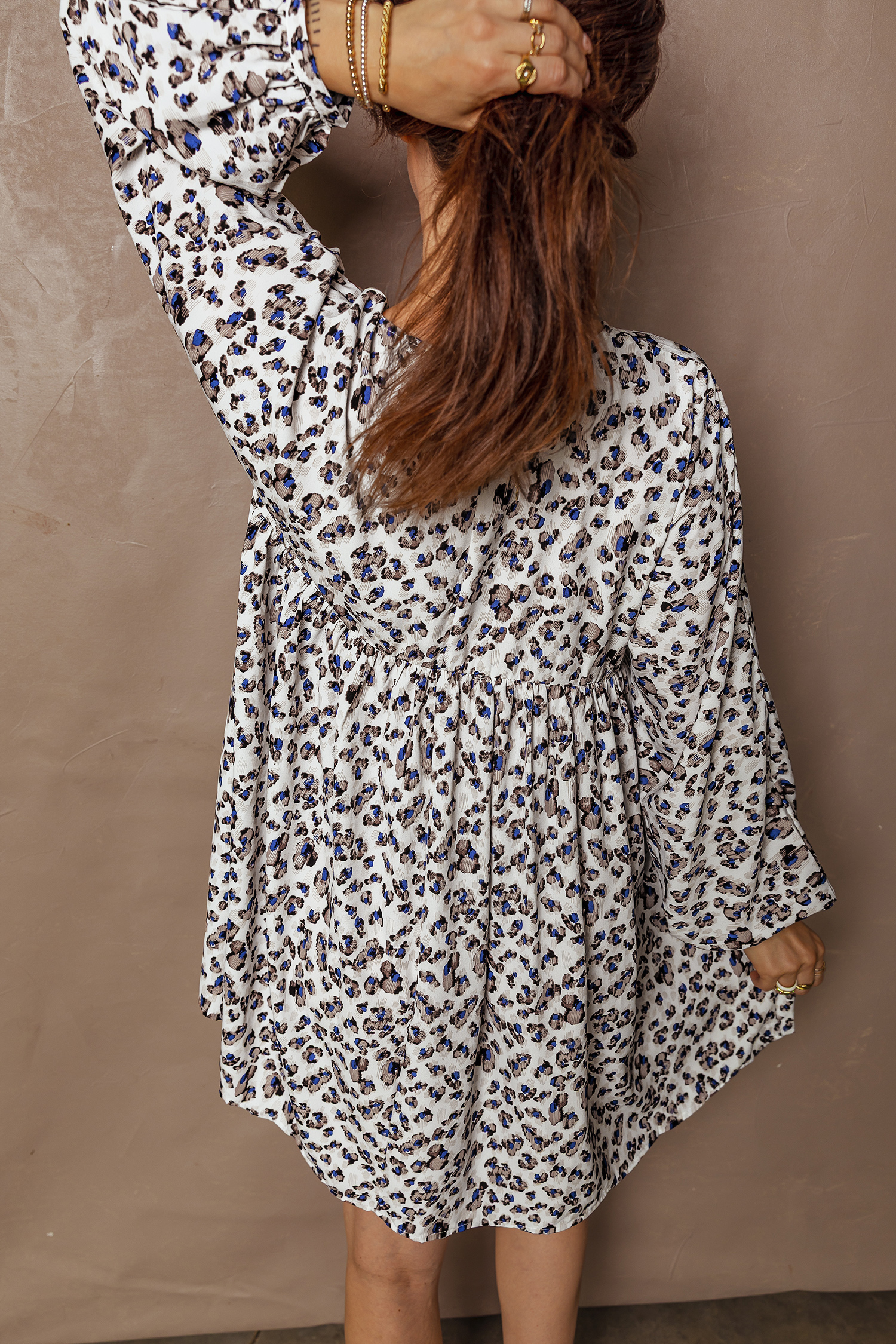 Multicolour Leopard Print V Neck Button Detail Long Sleeve Mini Dress - loveforevers