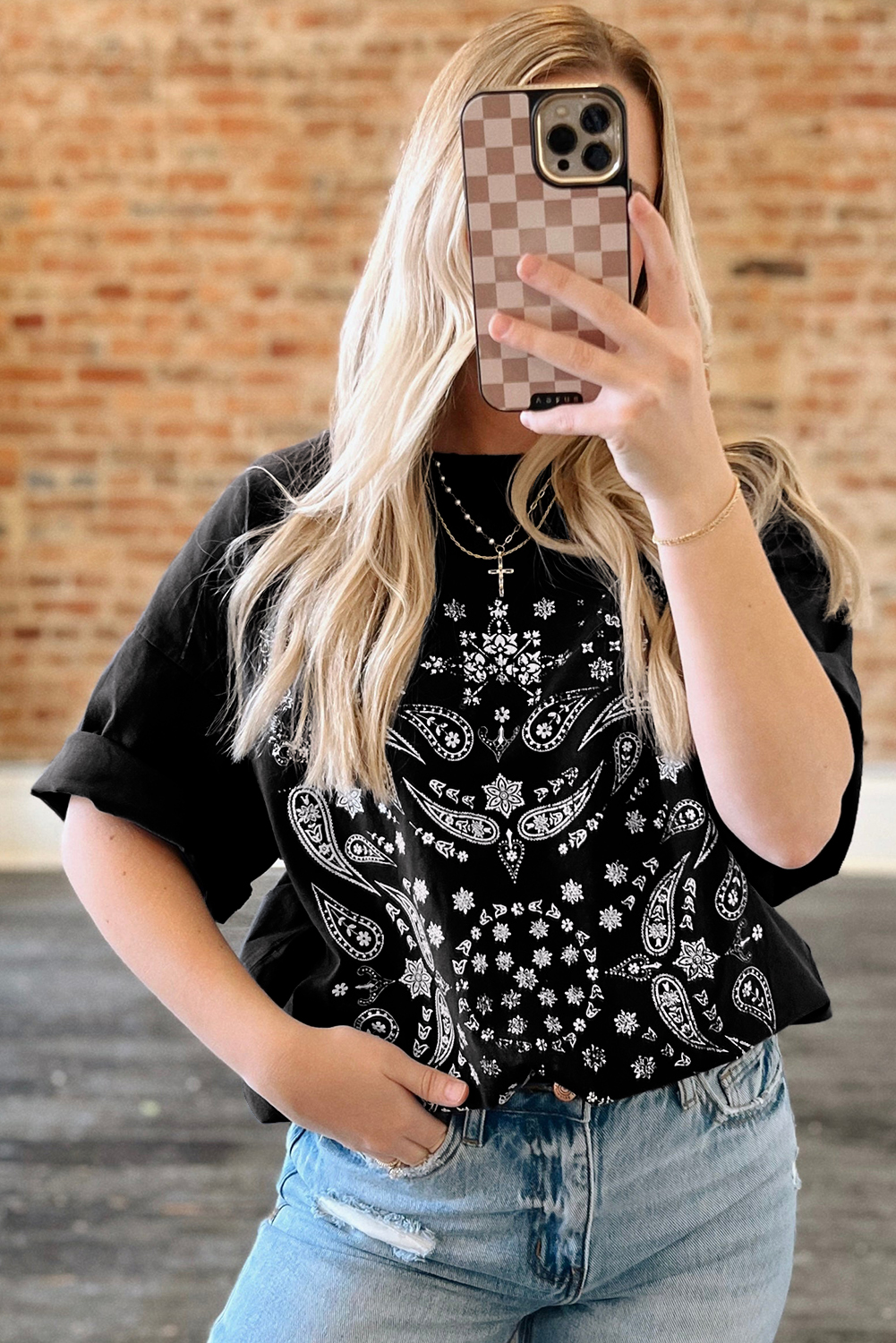 Black Paisley Print Crew Neck Loose Fit Tunic Tee - loveforevers