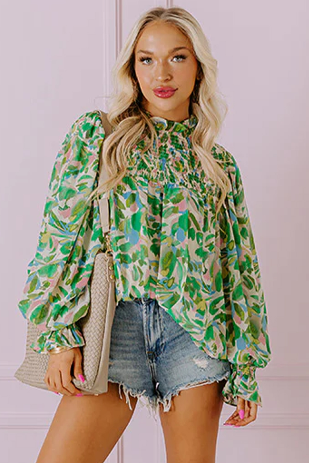 Green Leafy Printed Flounce Sleeve Shirred Mock Neck Blouse - loveforevers