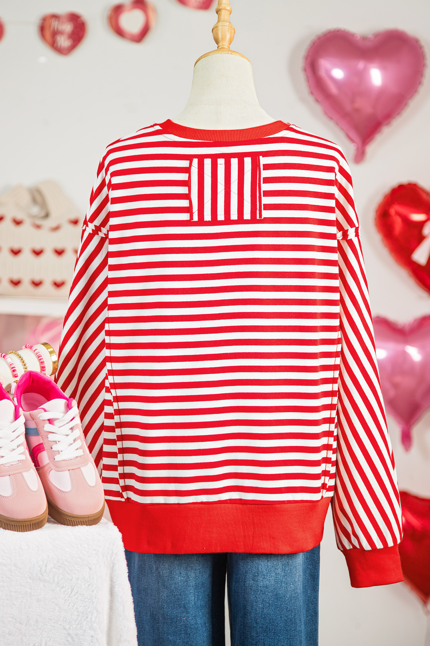 Red Stripe XOXO Sequin Heart Patched Valentines Day Long Sleeve Top - loveforevers