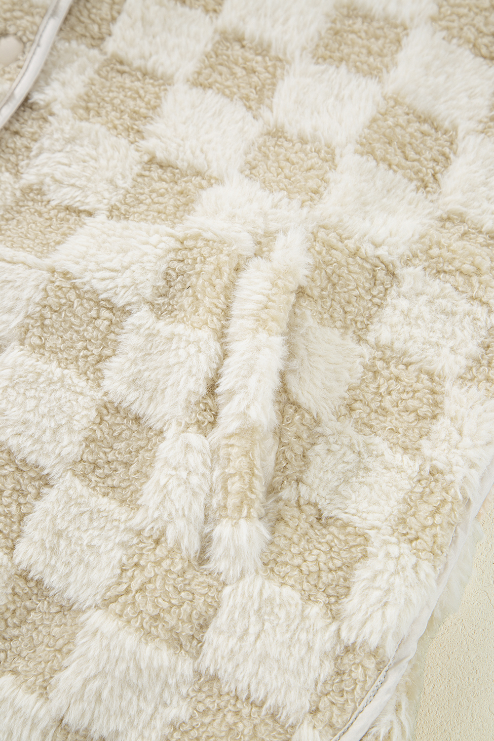 Khaki Sherpa Checkerboard Snap Button Vest Jacket With Pocket - loveforevers