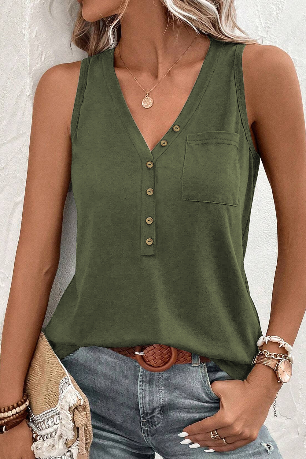 Jungle Green Half Button V Neck Patched Pocket Tank Top - loveforevers