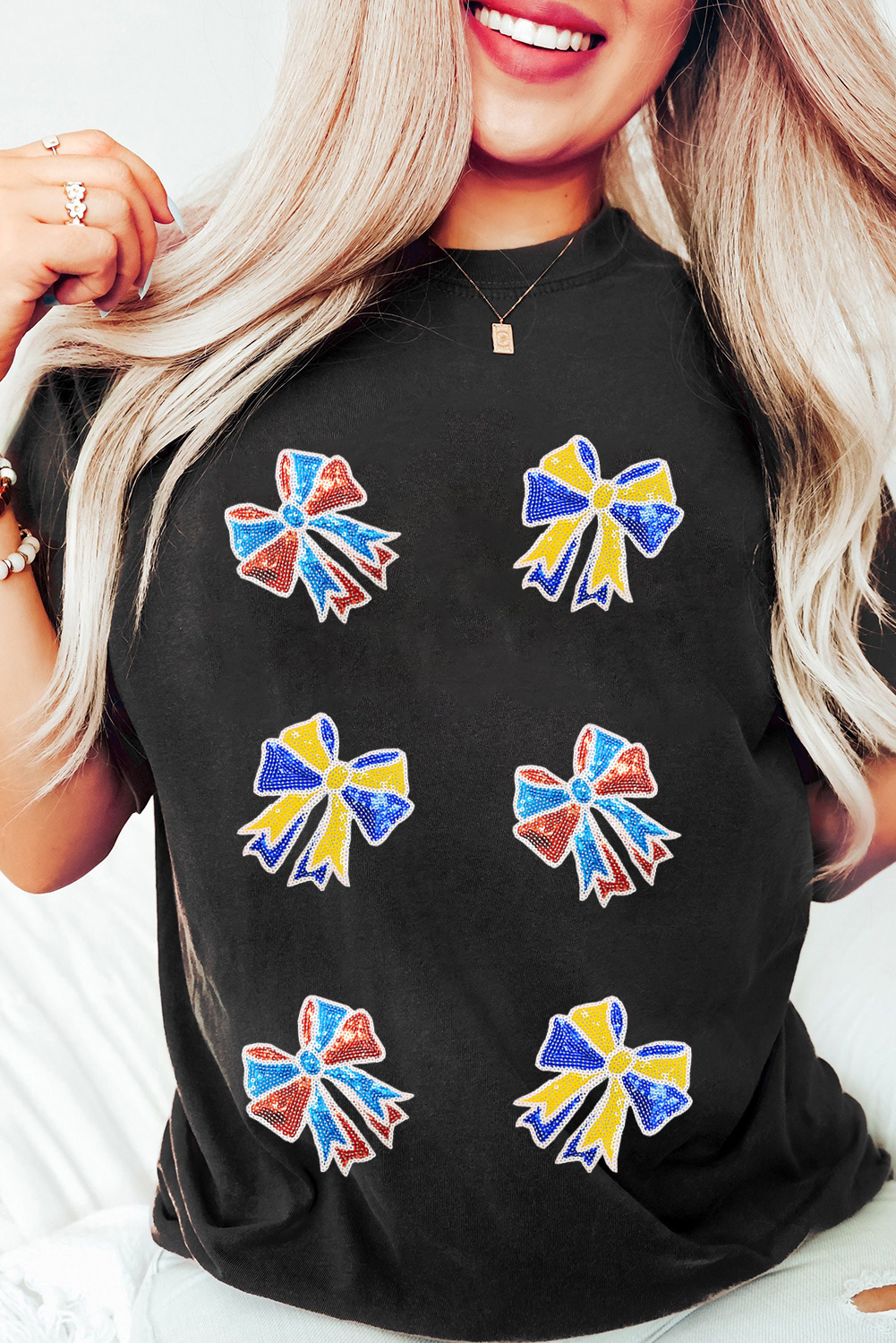 Black Cheerful Sequin Bow Patched Game Day T Shirt - loveforevers