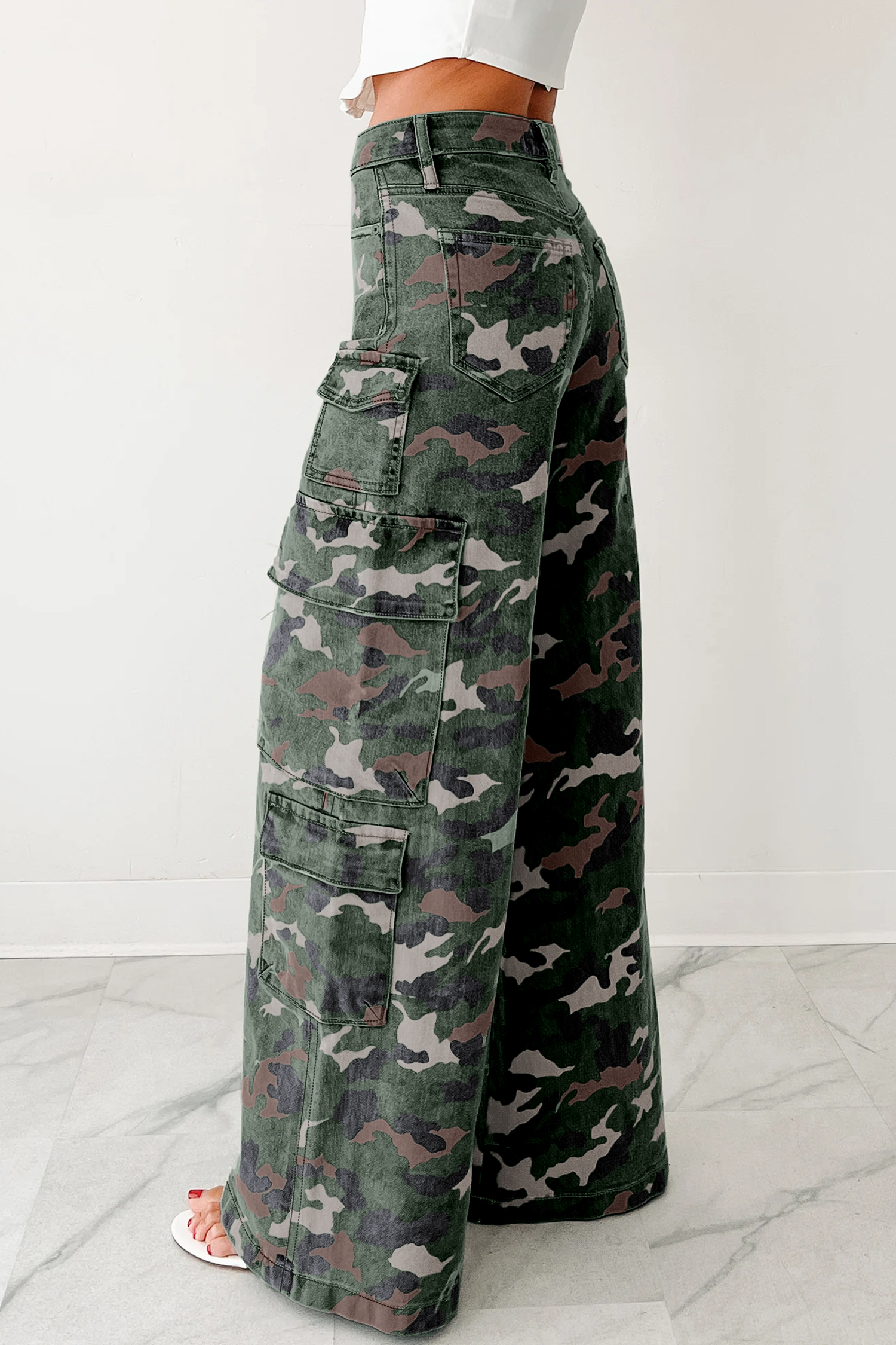 Green Camo Denim Cargo Wide Leg Pants - loveforevers