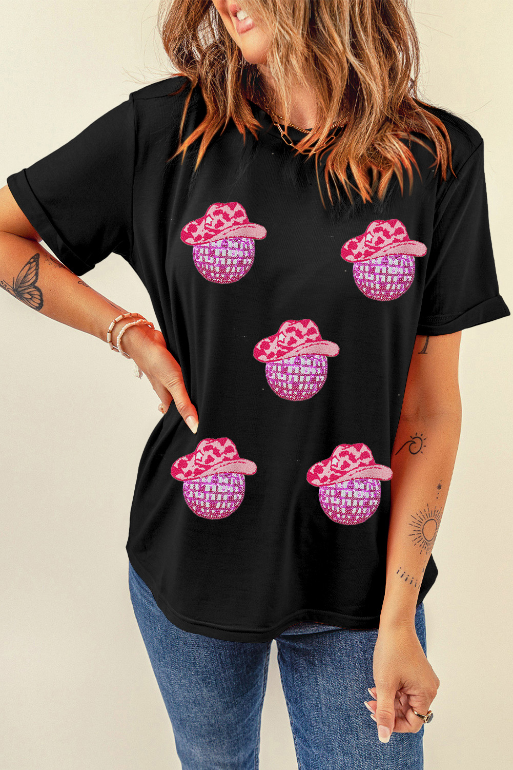 Black Cowboy Hat Disco Ball Patched Round Neck T Shirt - loveforevers