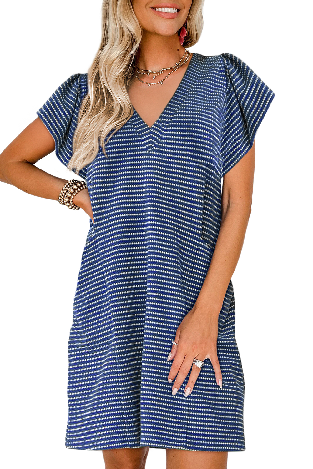 Blue Stripe Textured Knit V Neck Flutter Sleeve Shift Mini Dress - loveforevers