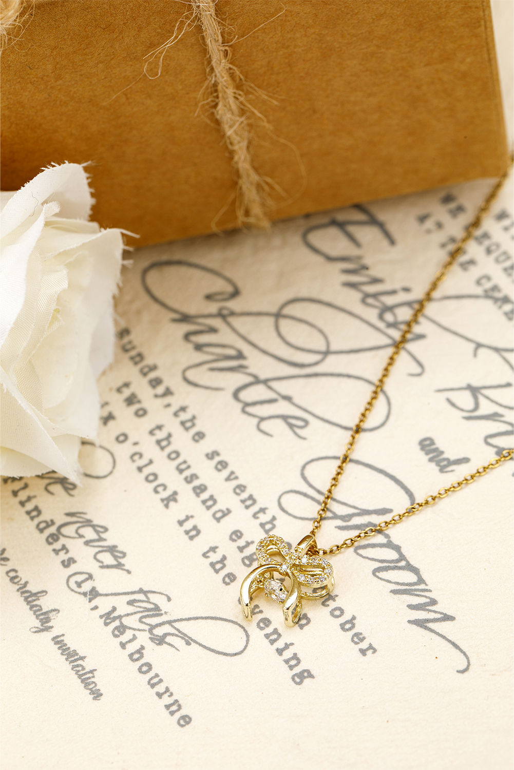 Gold Rhinestone Bow Knot Pendant Plated Alloy Necklace - loveforevers