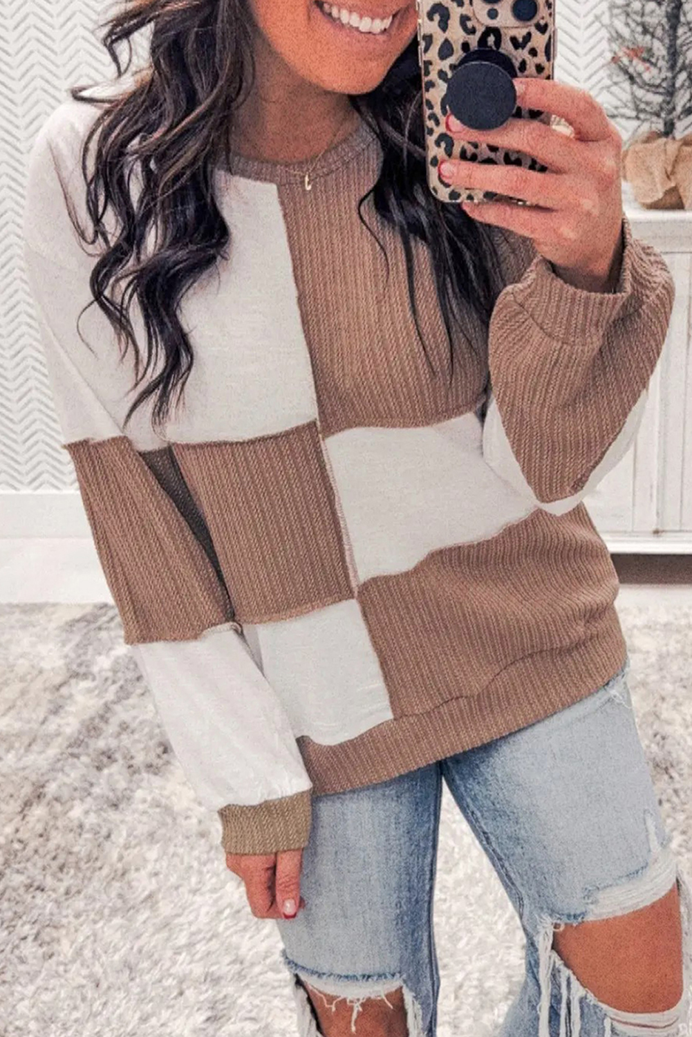 Dark Khaki Colorblock Checkered Raw Seamed Round Neck Knitted Jumper - loveforevers