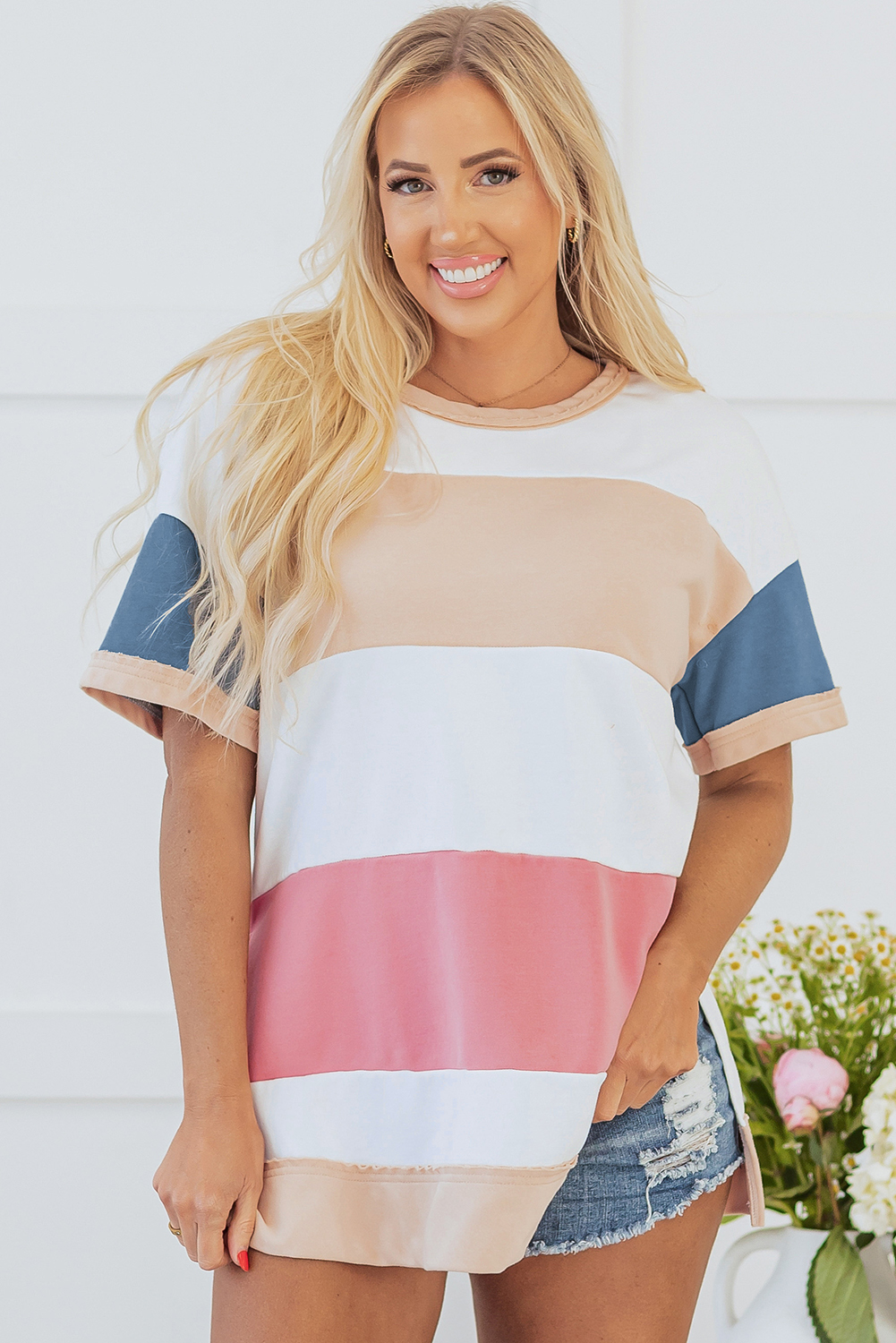 Multicolour Colorblock Patchwork Side Split Tunic T Shirt - loveforevers
