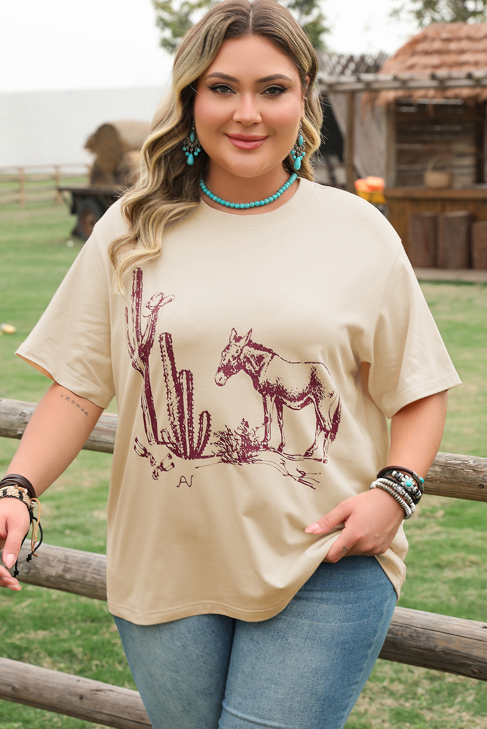 Parchment  Western Burro Cactus Crew Neck Graphic Tee - loveforevers