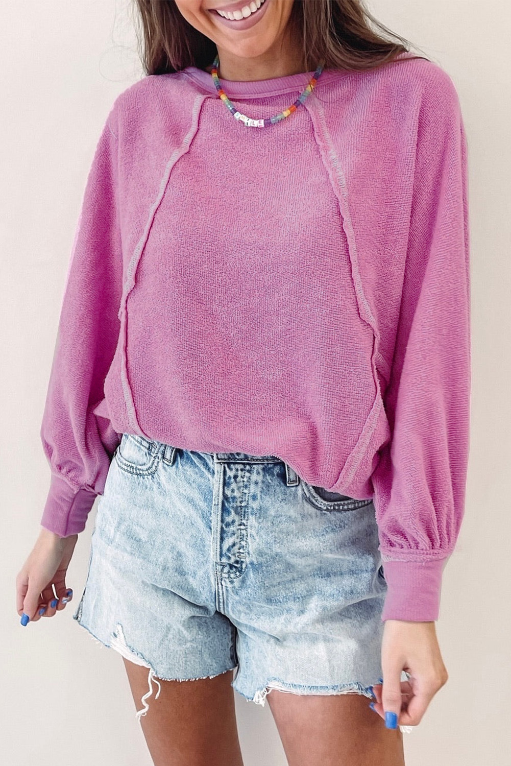 Pink Exposed Seam Round Neck Terry Pullover - loveforevers