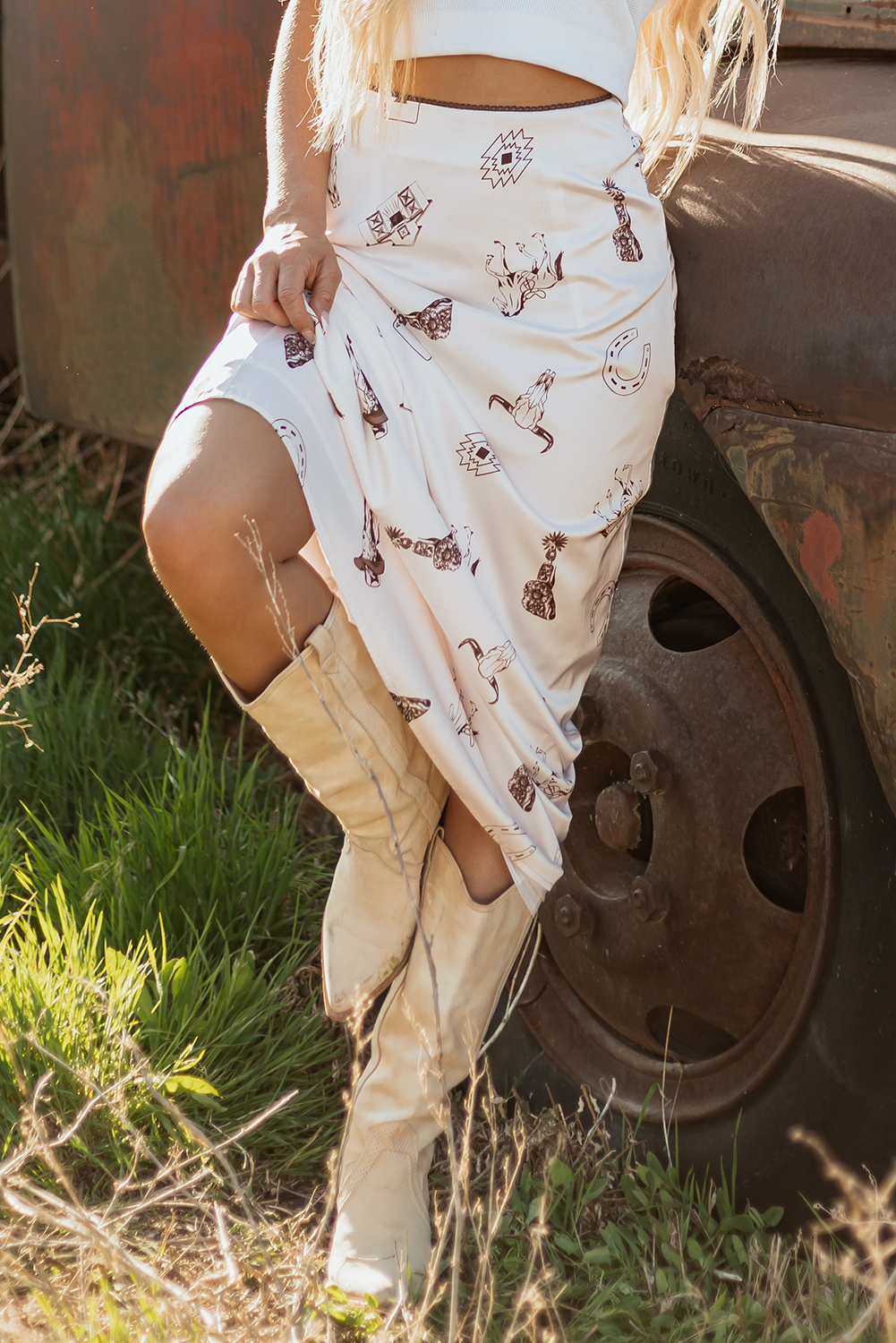 Beige Western Print Satin Long Skirt - loveforevers