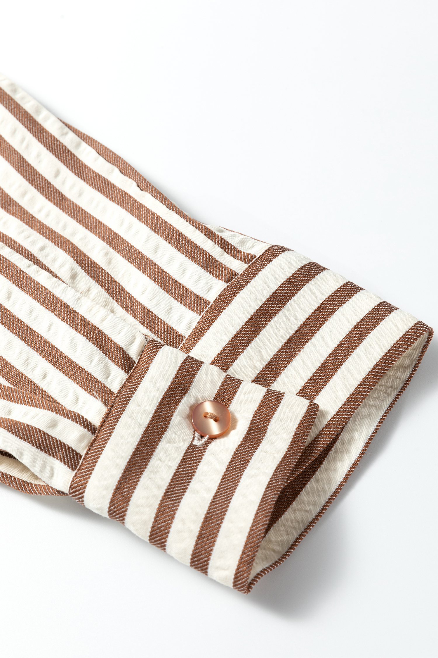 Brown Stripe Textured 3/4 Sleeve Round Hem Split Midi Shirt Dress - loveforevers
