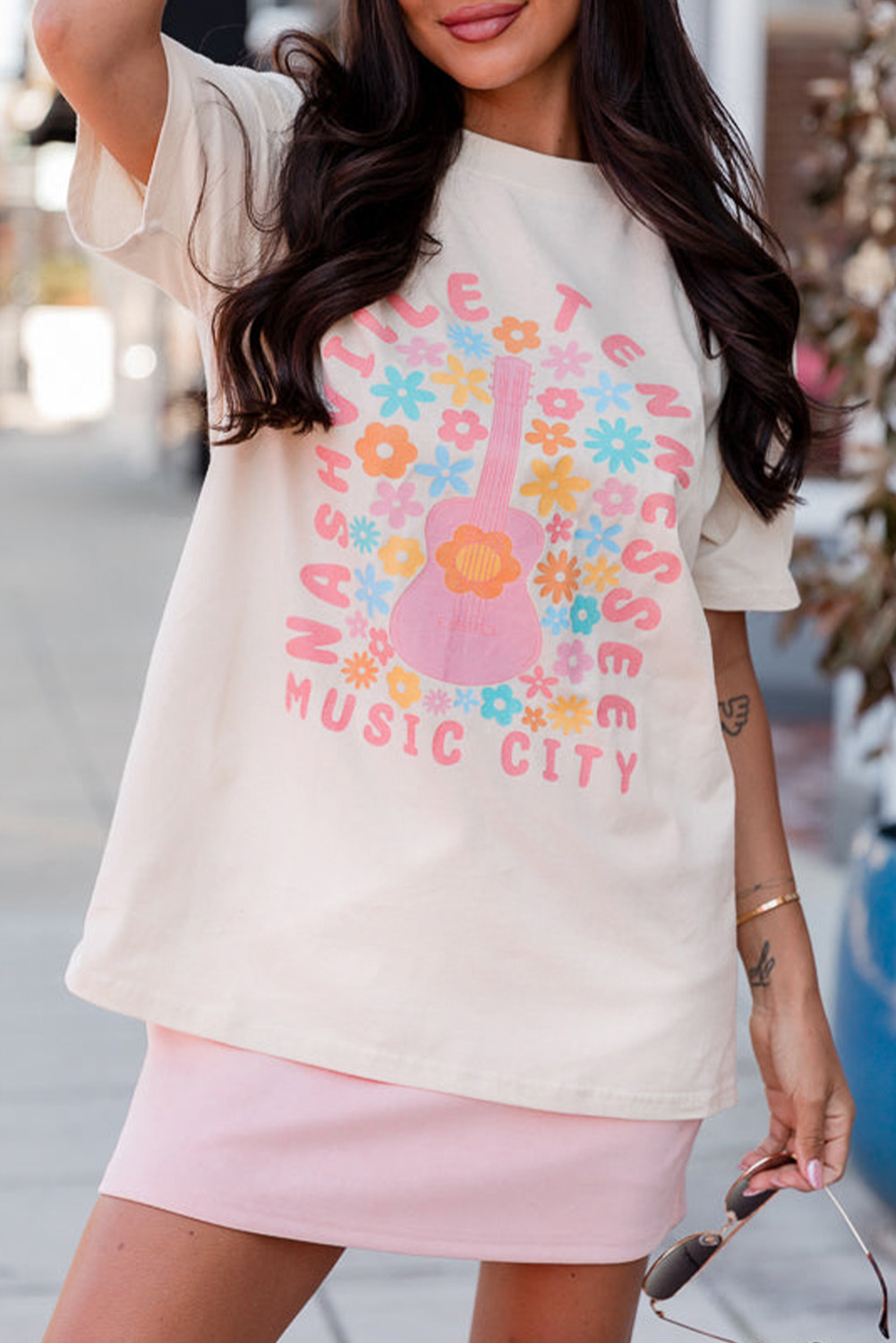 White Floral Guitar NASHVILLE Slogan Graphic T Shirt - loveforevers