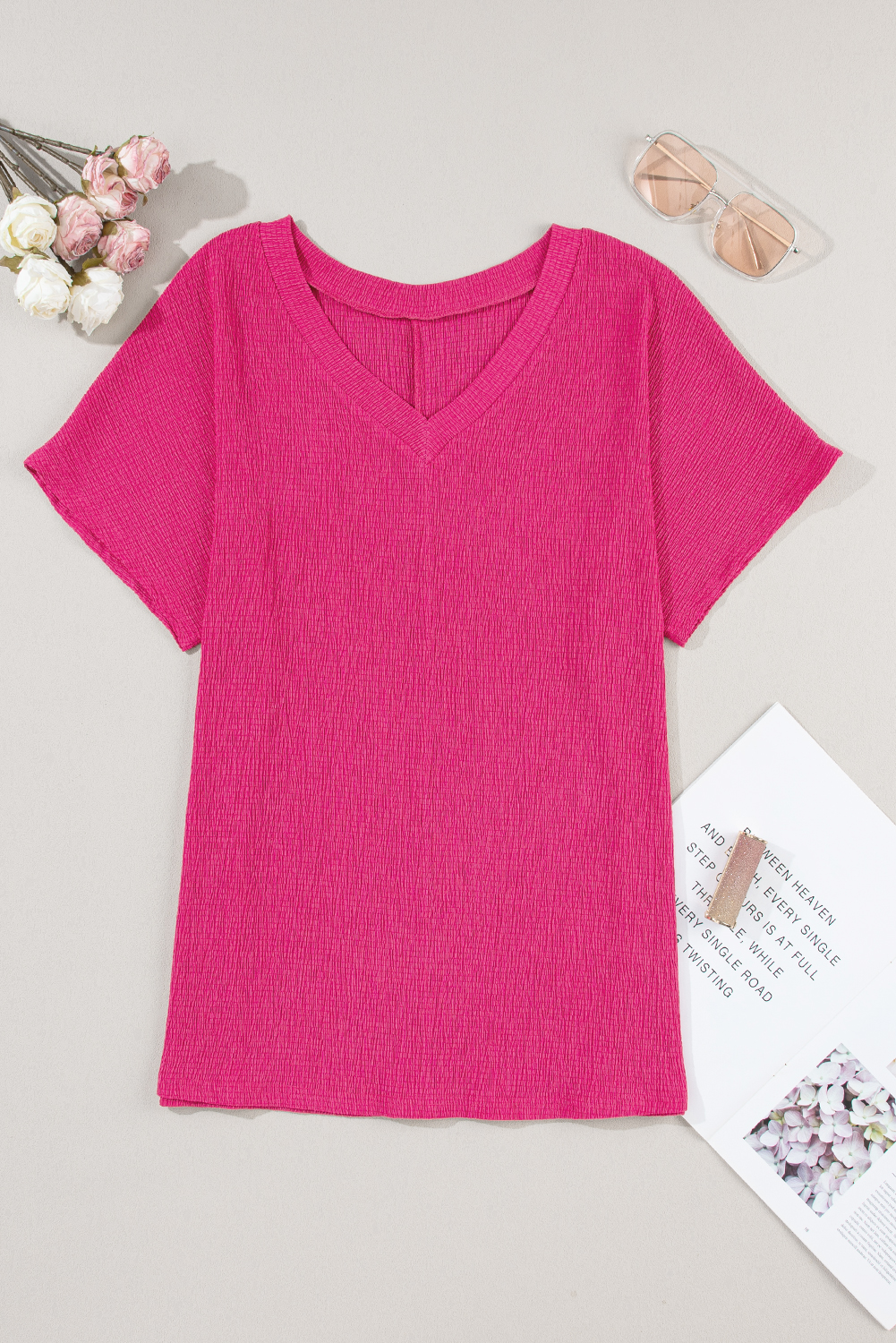 Bright Pink Crinkled V Neck Wide Sleeve T-shirt - loveforevers