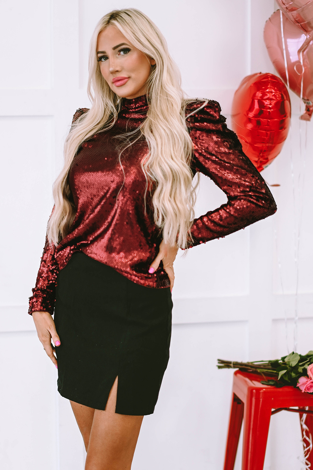 Burgundy Sequin Mock Neck Bubble Sleeve Top - loveforevers