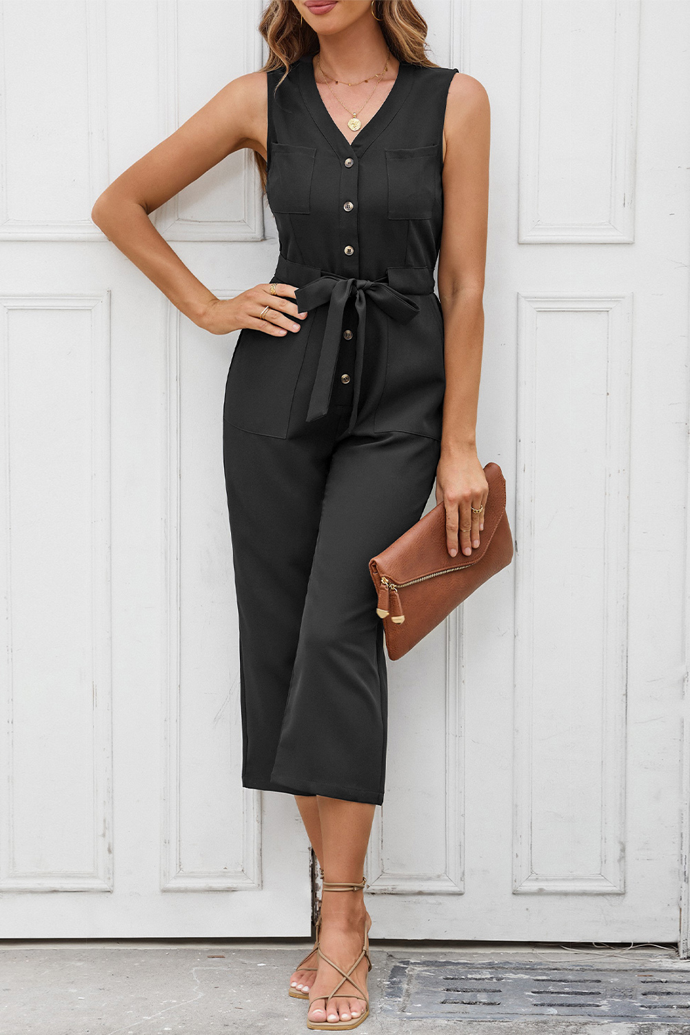 Black Buttoned Sleeveless Cropped Jumpsuit with Sash - loveforevers