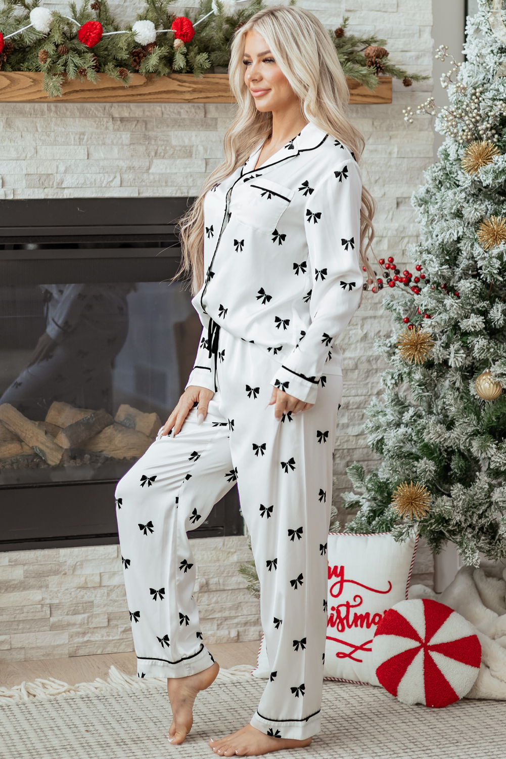 White Bows Print Two Piece Sleepwear - loveforevers