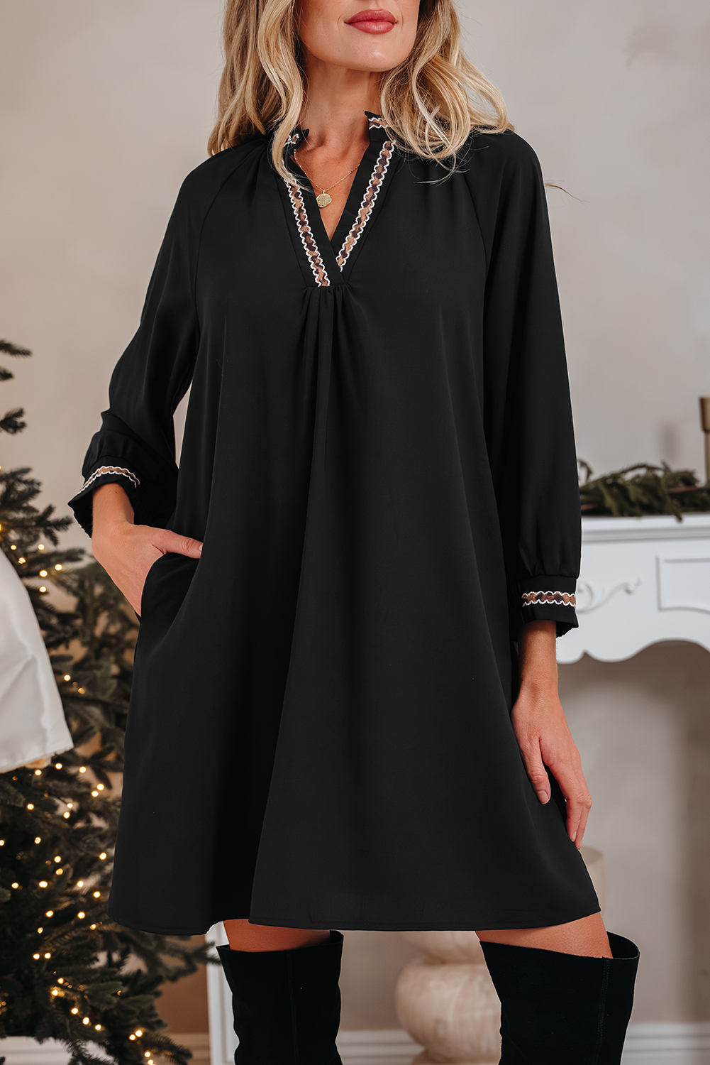 Black Contrast Trim V Neck Bracelet Sleeve Shift Mini Dress - loveforevers