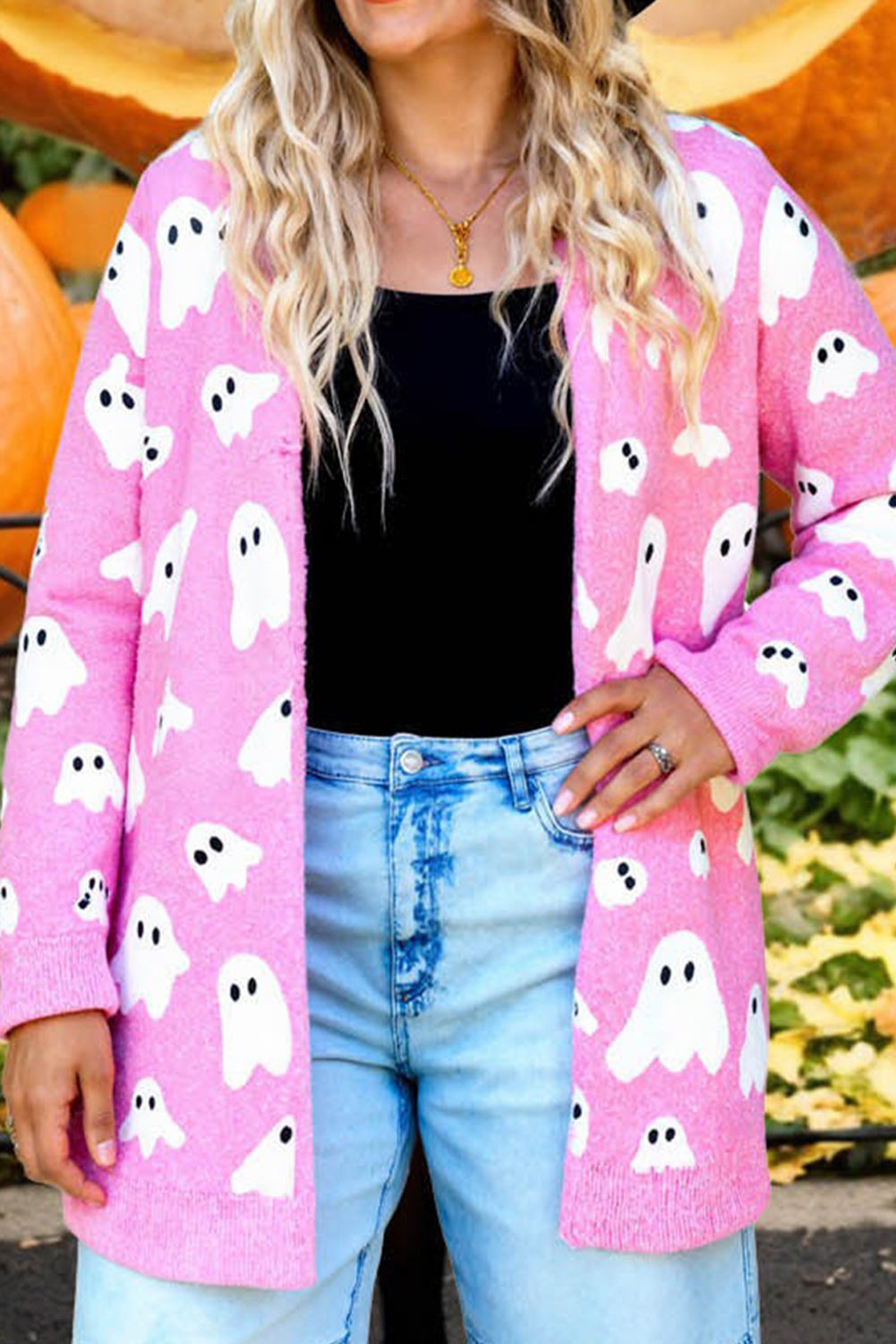 Bonbon Halloween Ghost Pattern Mid-length Knitted Cardigan - loveforevers