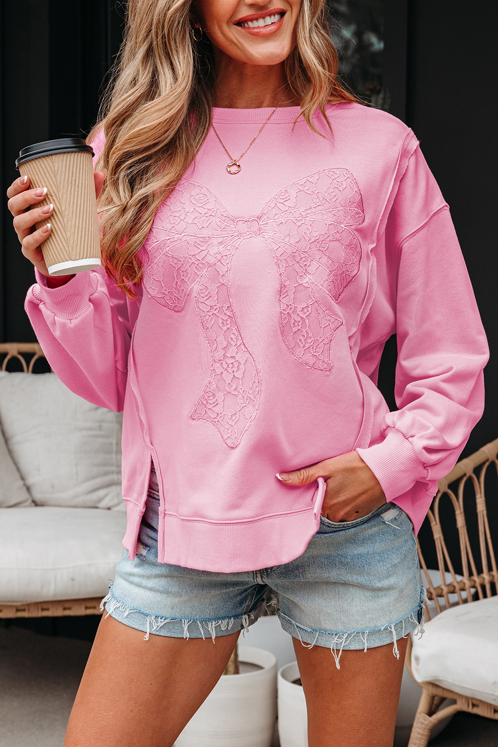 Bonbon Lace Insert Bow Embroidered Exposed Seam Sweatshirt - loveforevers