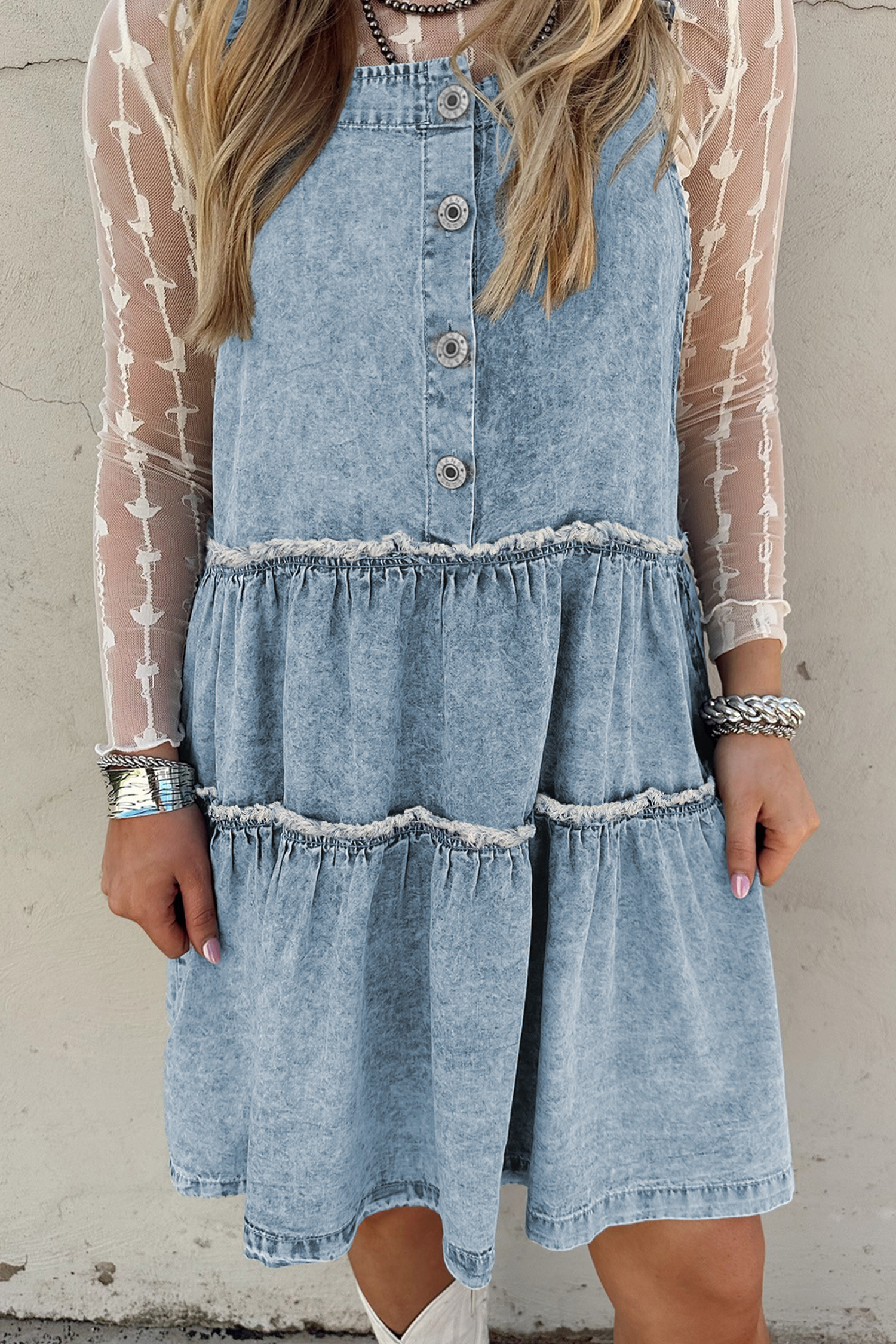 Dusk Blue Light Wash Tiered Flowy Overall Denim Dress - loveforevers