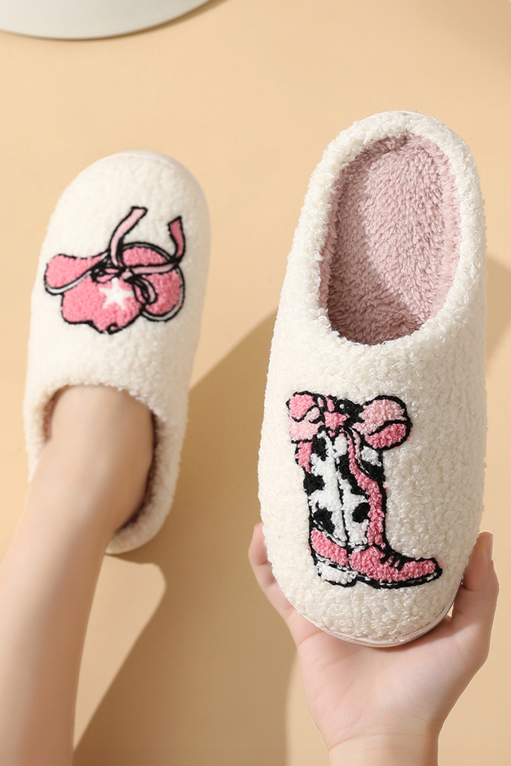 White Cowgirl Hat & Boot Printed Plush Thermal Home Slippers - loveforevers