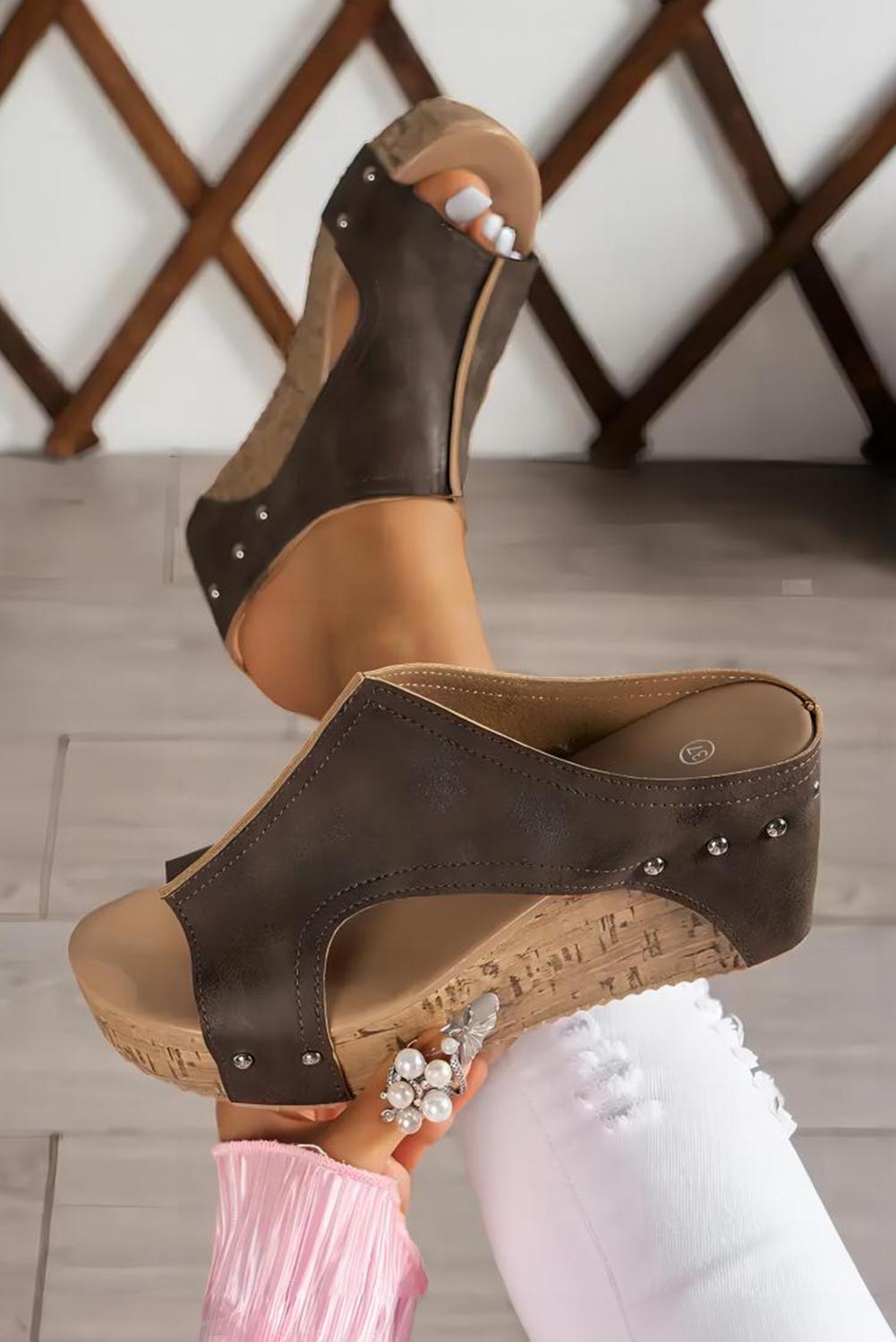 Chestnut Hollow Out Studded PU Leather Wedge Slippers - loveforevers